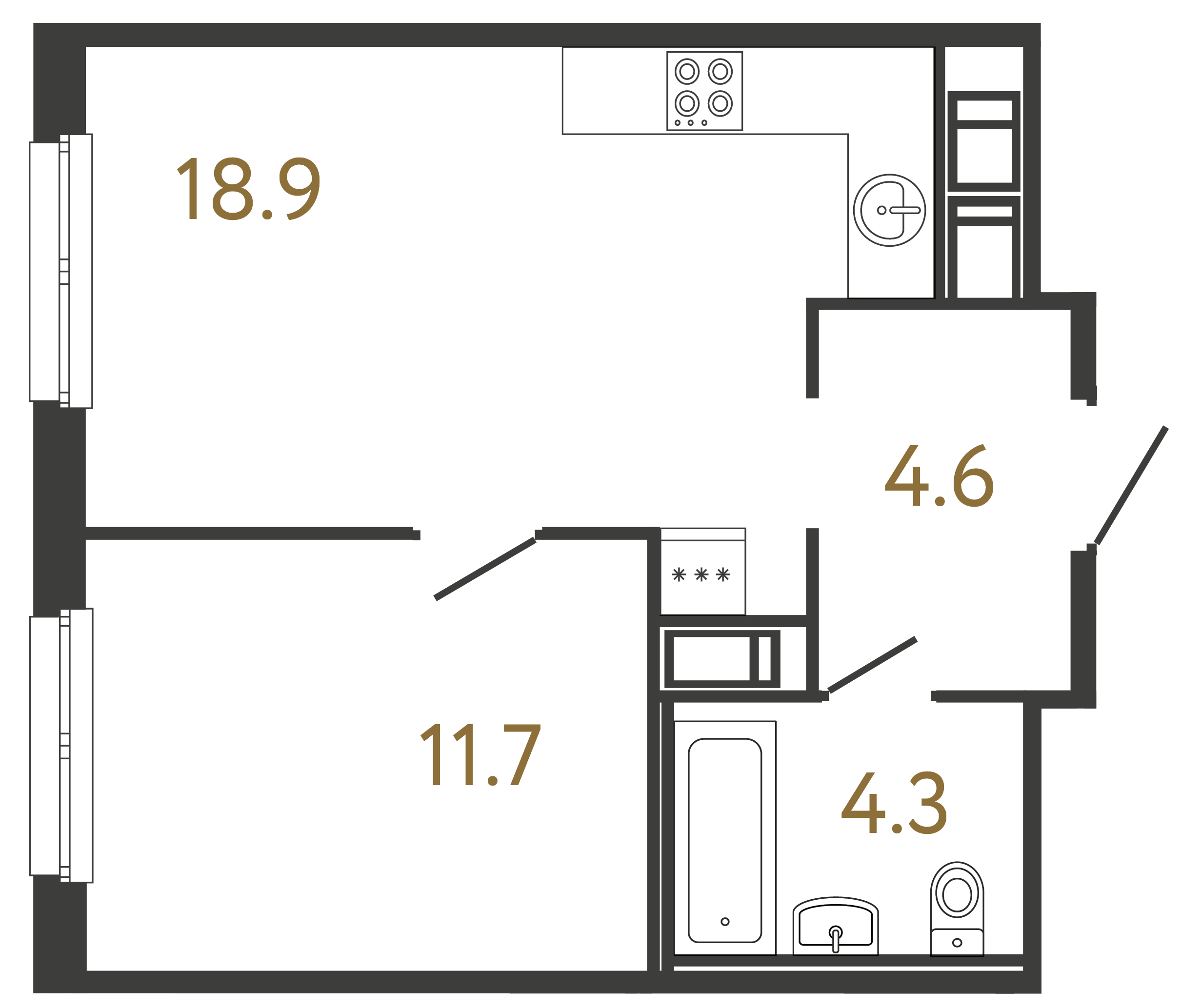 Однокомнатная квартира 39.5 м²