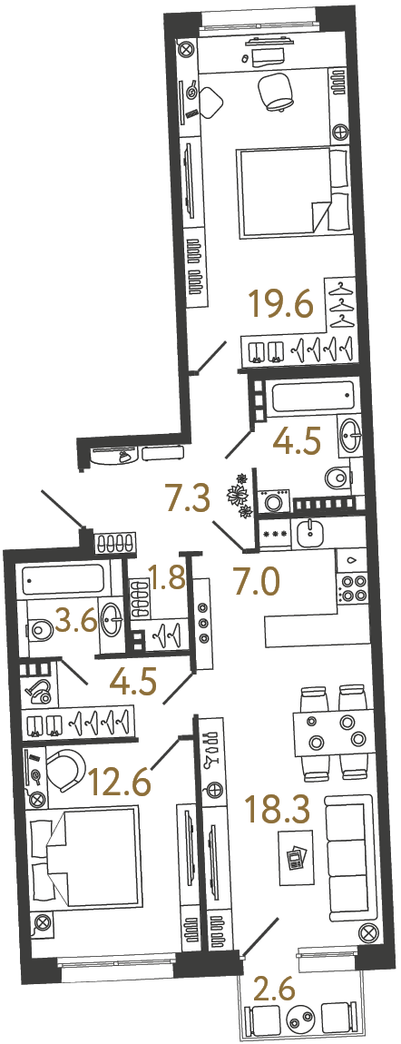 Двухкомнатная квартира 79.2 м²
