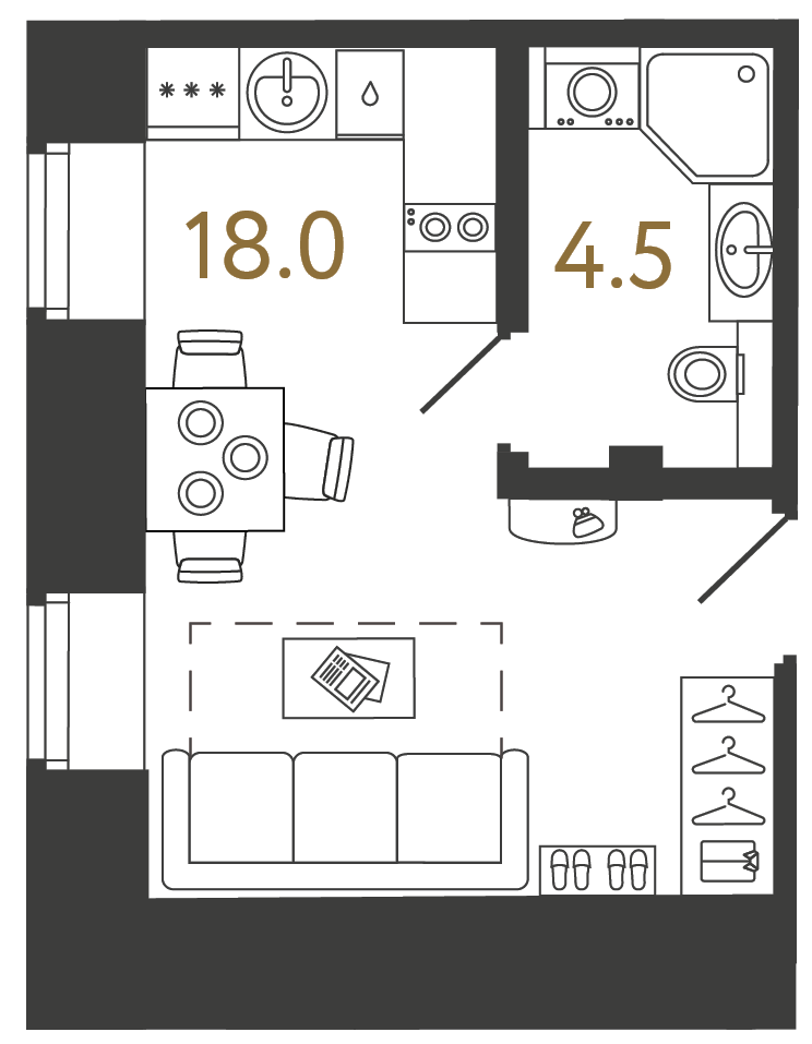 Однокомнатный номер 22.5 м²