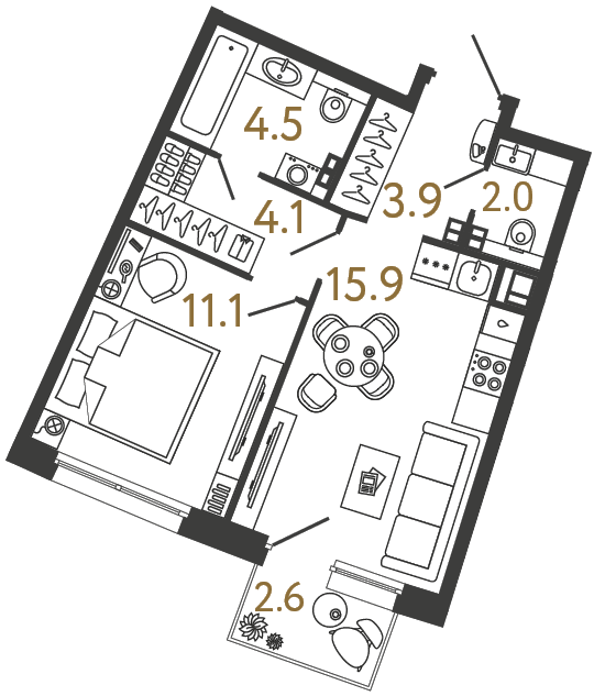Однокомнатная квартира №94 в ЖК Цвет Зеленогорска - 41.5 м²