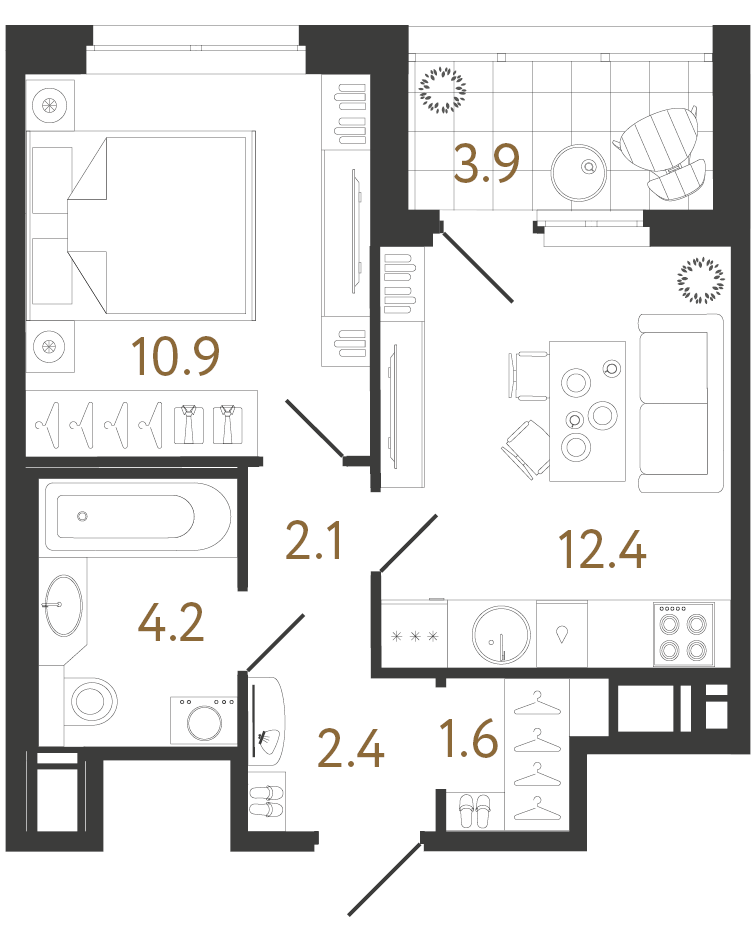 Однокомнатная квартира 33.6 м²