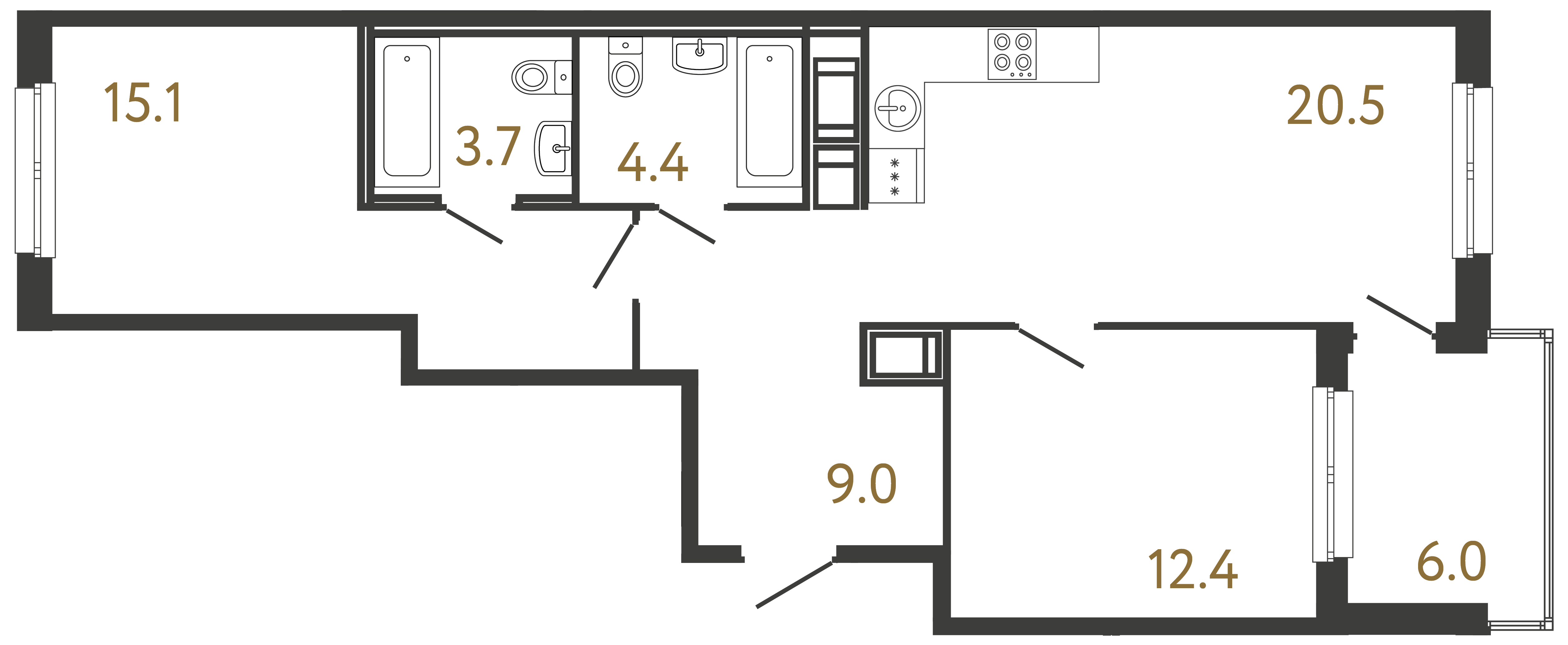 Двухкомнатная квартира 65.1 м²