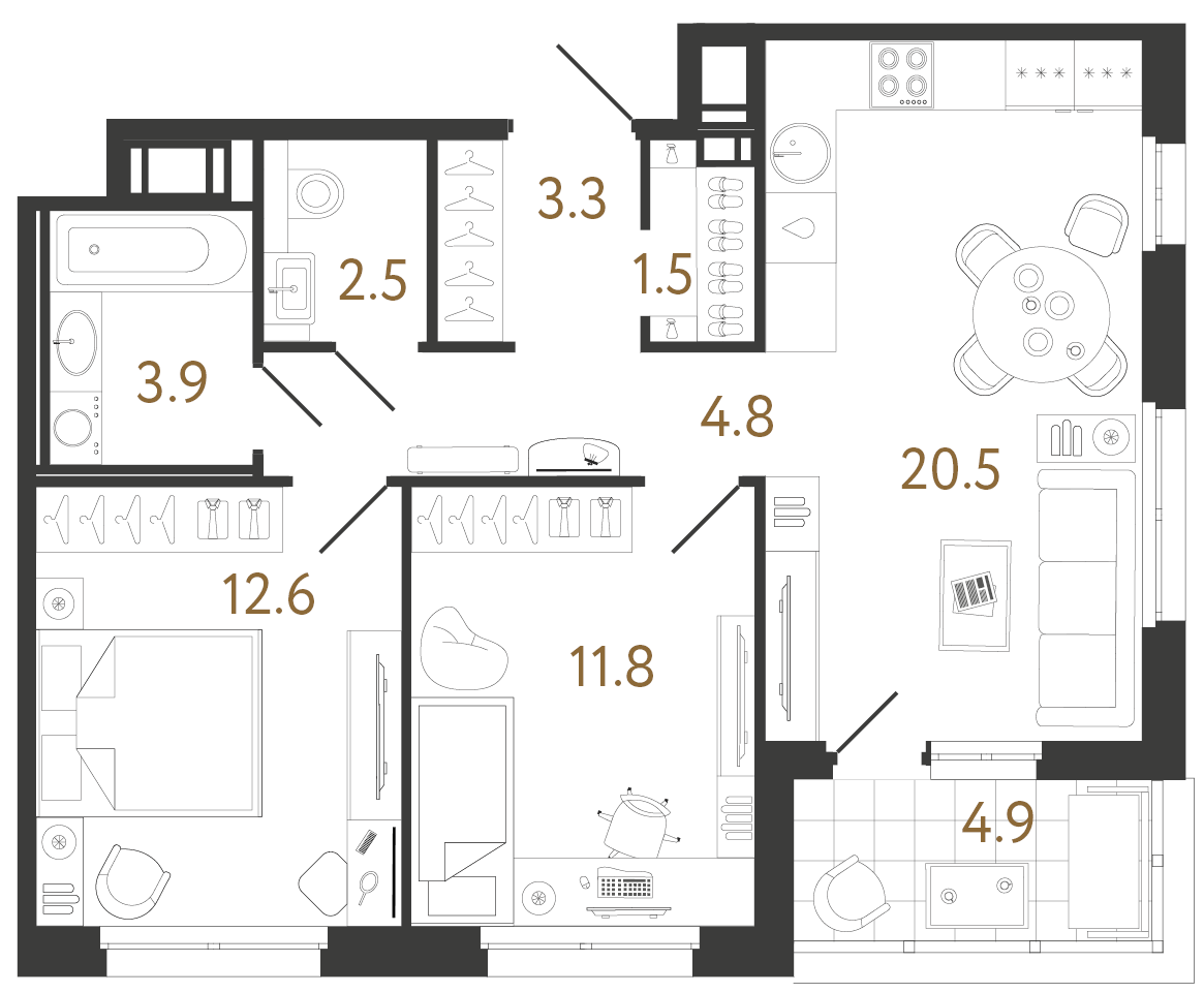Двухкомнатная квартира 60.9 м²