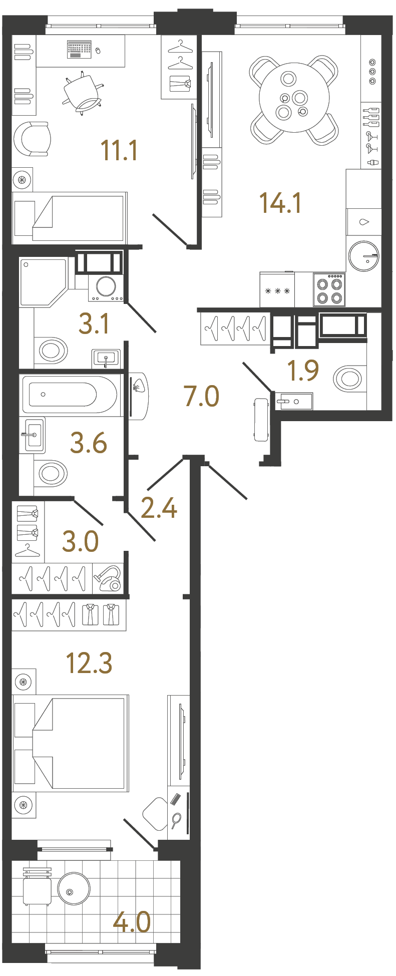 Двухкомнатная квартира 58.5 м²