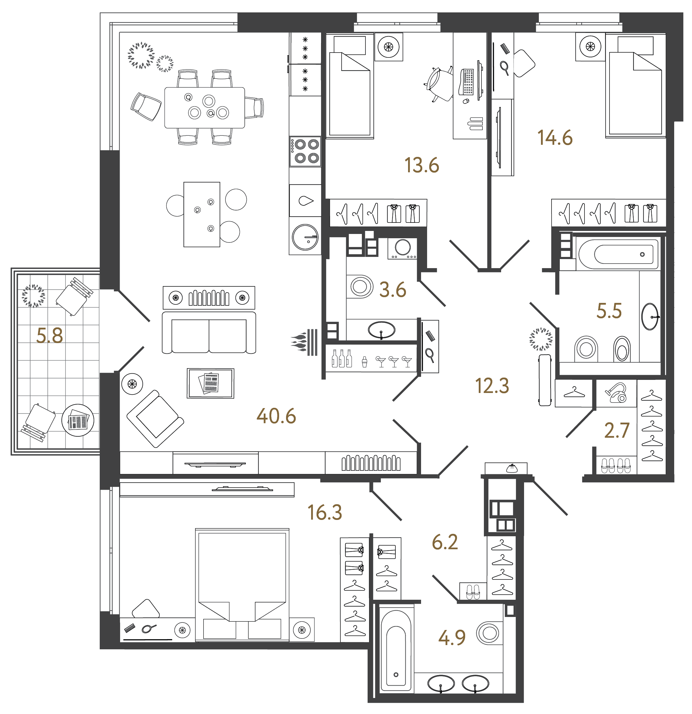 Трёхкомнатный номер 120.3 м²