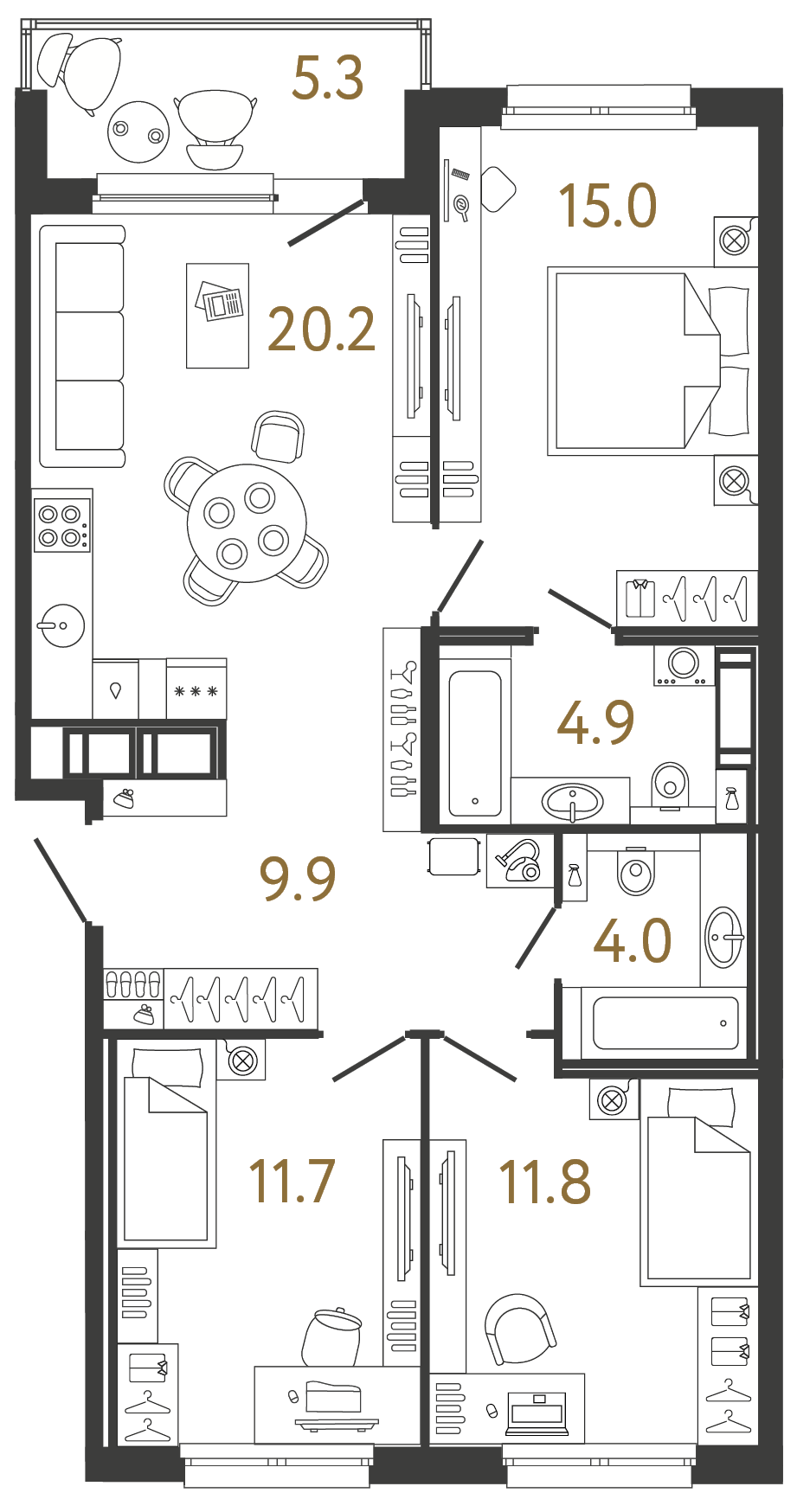 Трёхкомнатная квартира 77.5 м²