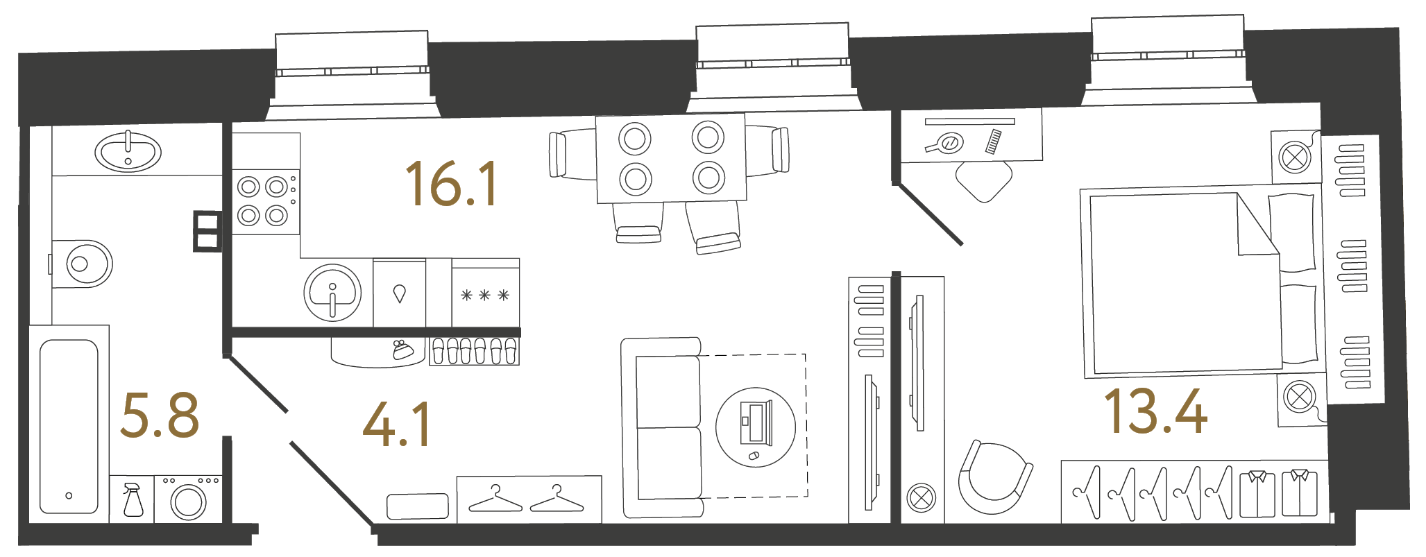 Однокомнатные апартаменты 39.4 м²
