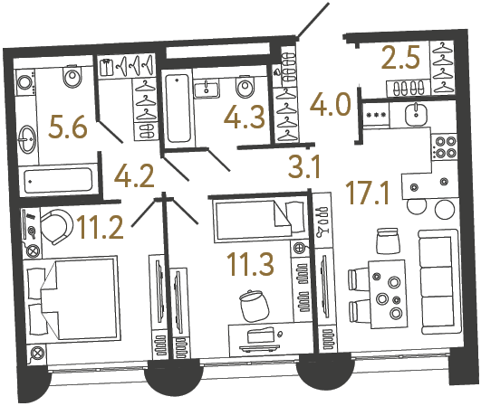2-комнатная 63.3 м², 1 этаж