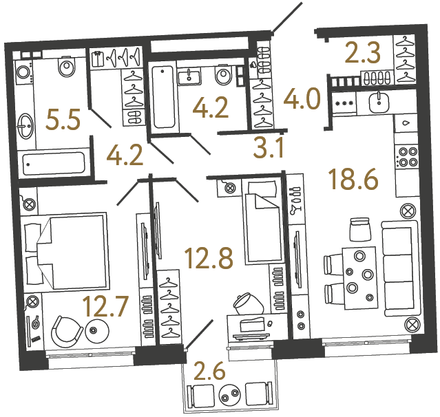 Двухкомнатная квартира 67.4 м²