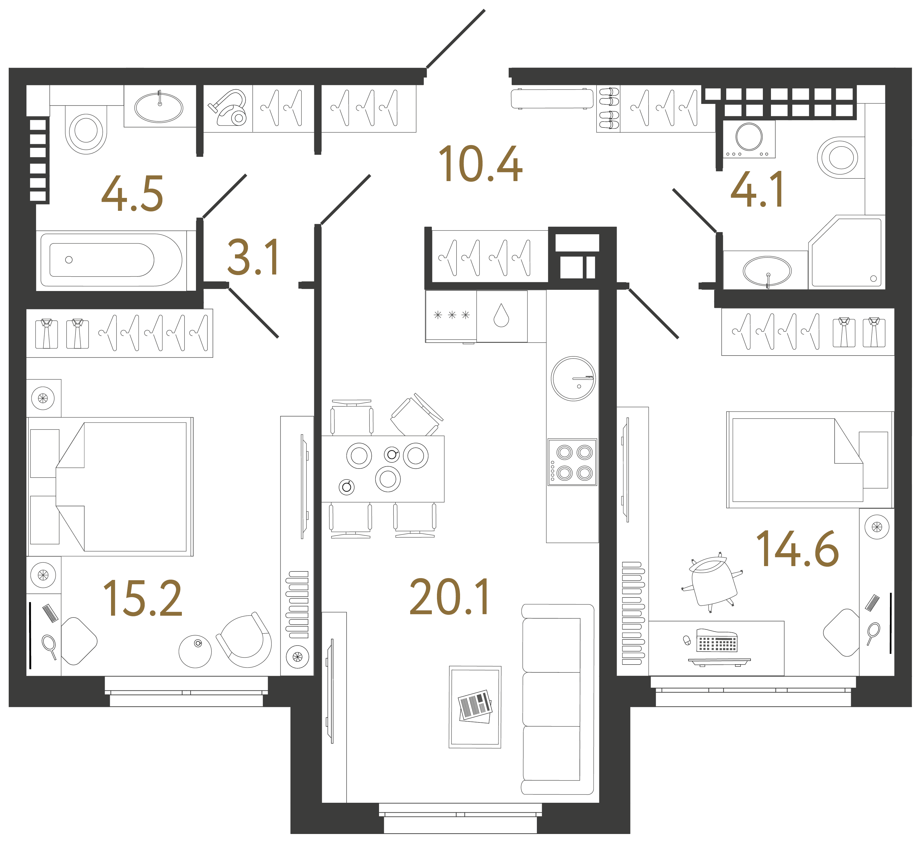 Двухкомнатная квартира 72 м²