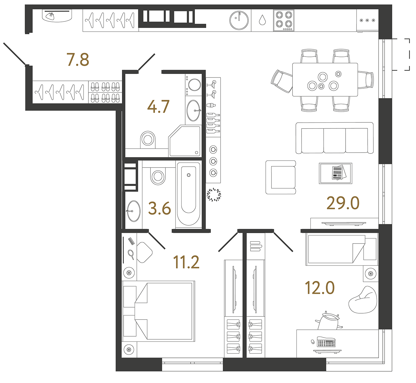 Двухкомнатная квартира 68.3 м²