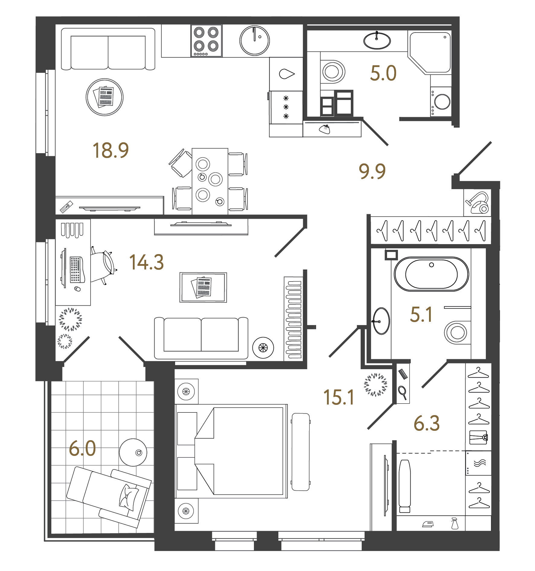 Двухкомнатный номер 74.6 м²