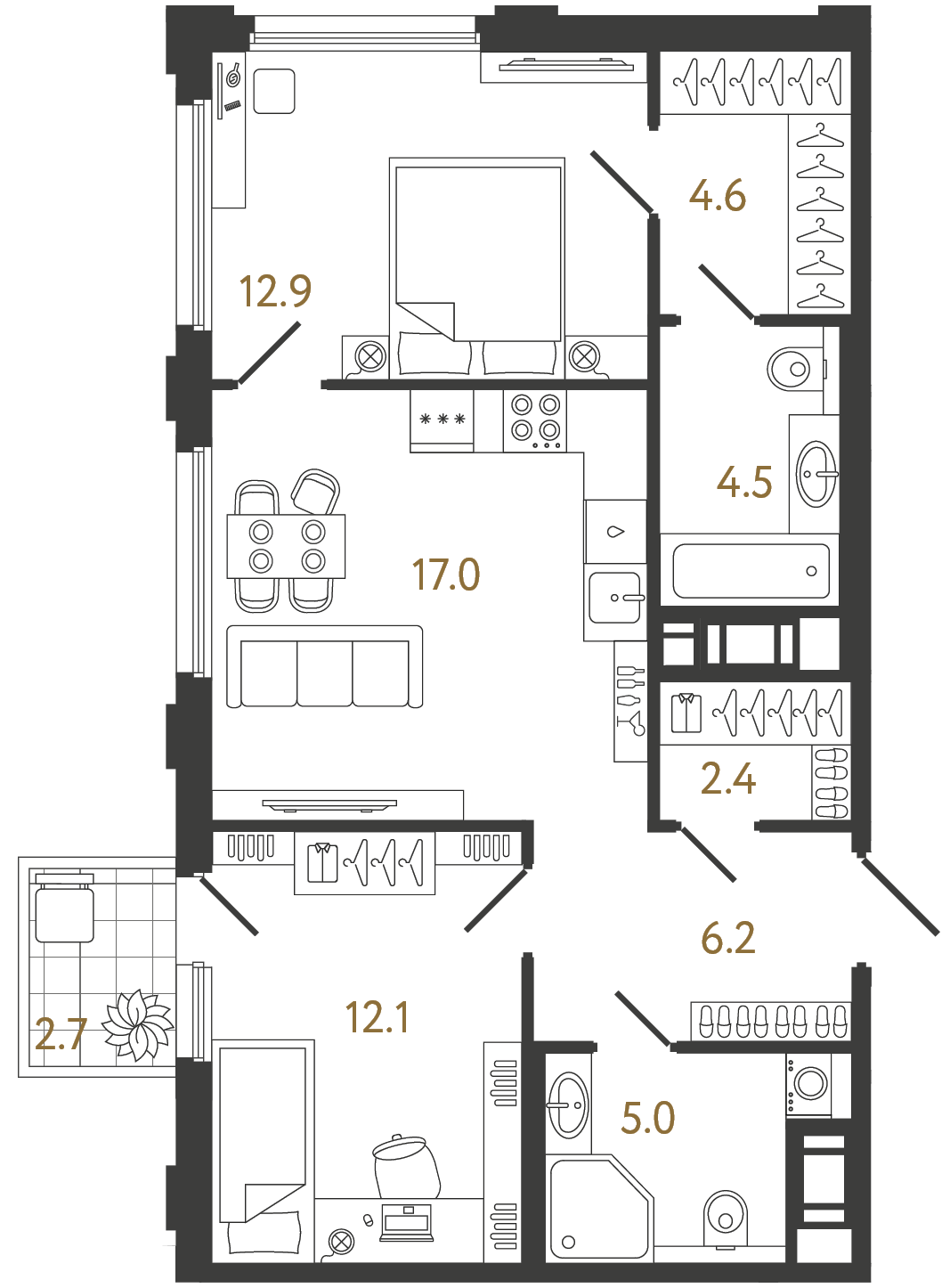 Двухкомнатная квартира 64.7 м²
