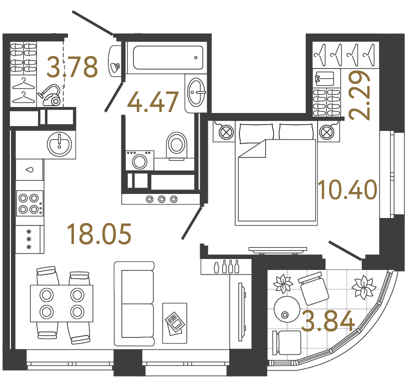 Однокомнатная квартира 38.99 м²