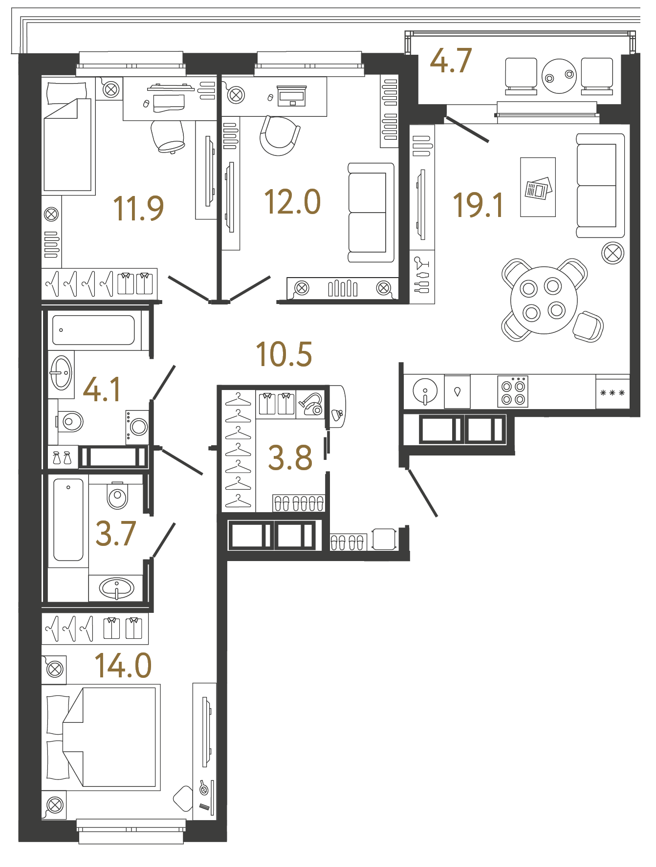 Трёхкомнатная квартира 79.1 м²