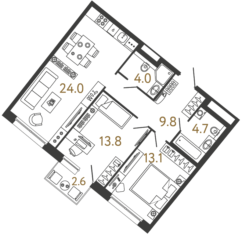 Двухкомнатная квартира 69.4 м²