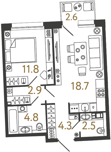 Однокомнатная квартира №12 в ЖК Цвет Зеленогорска - 45 м²