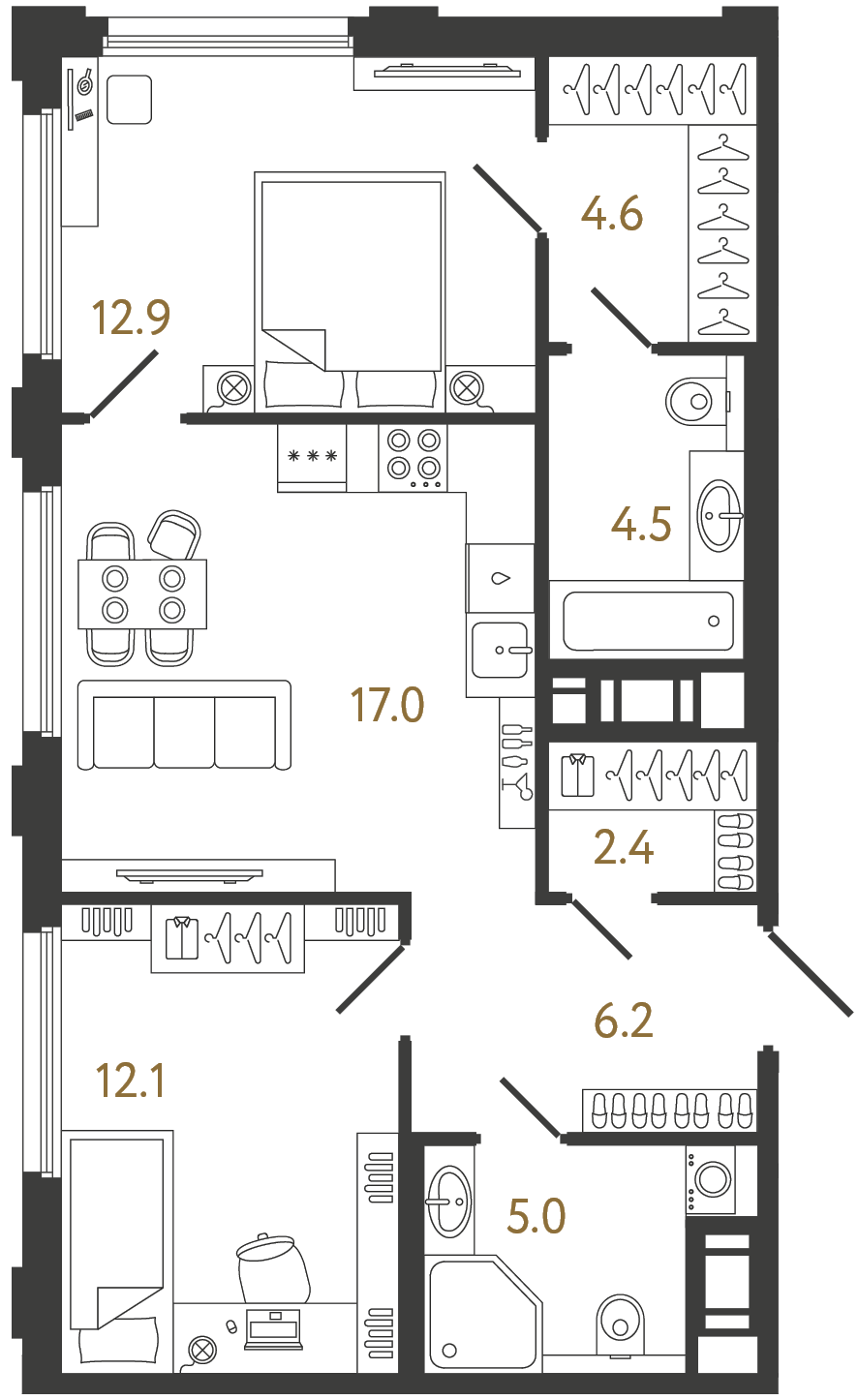 Двухкомнатная квартира 64.7 м²
