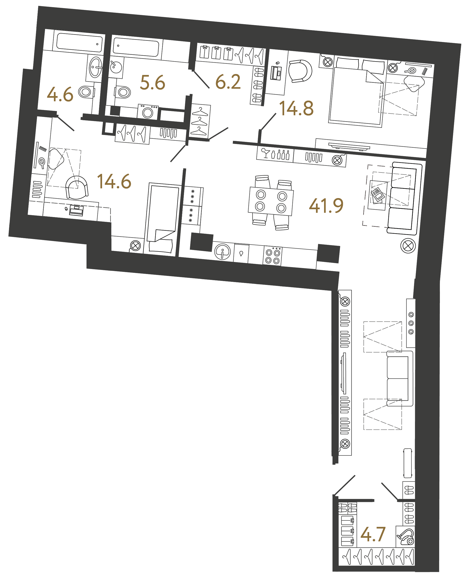 Двухкомнатный номер 92.4 м²