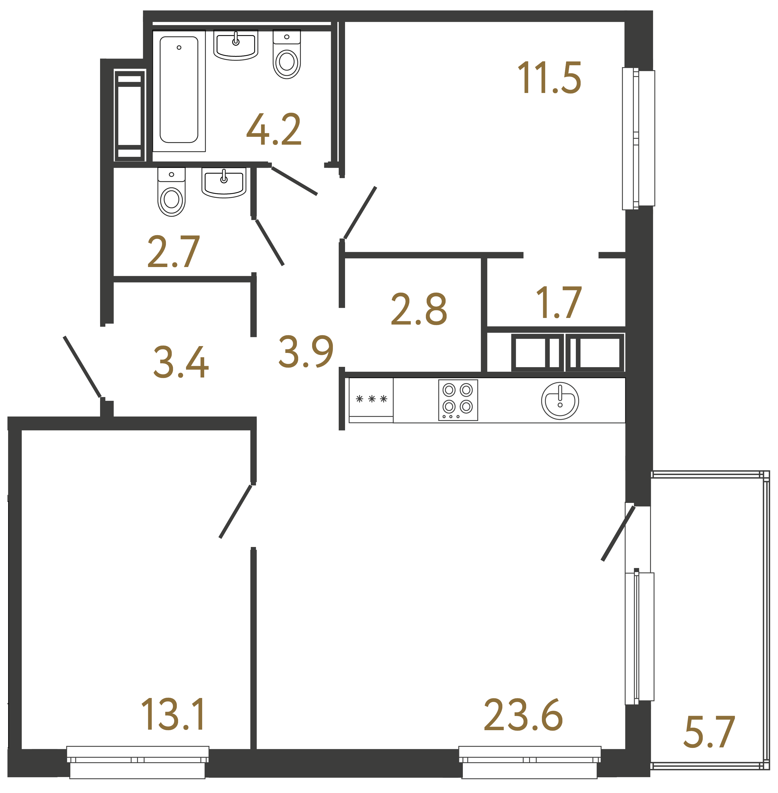 Двухкомнатная квартира 66.9 м²