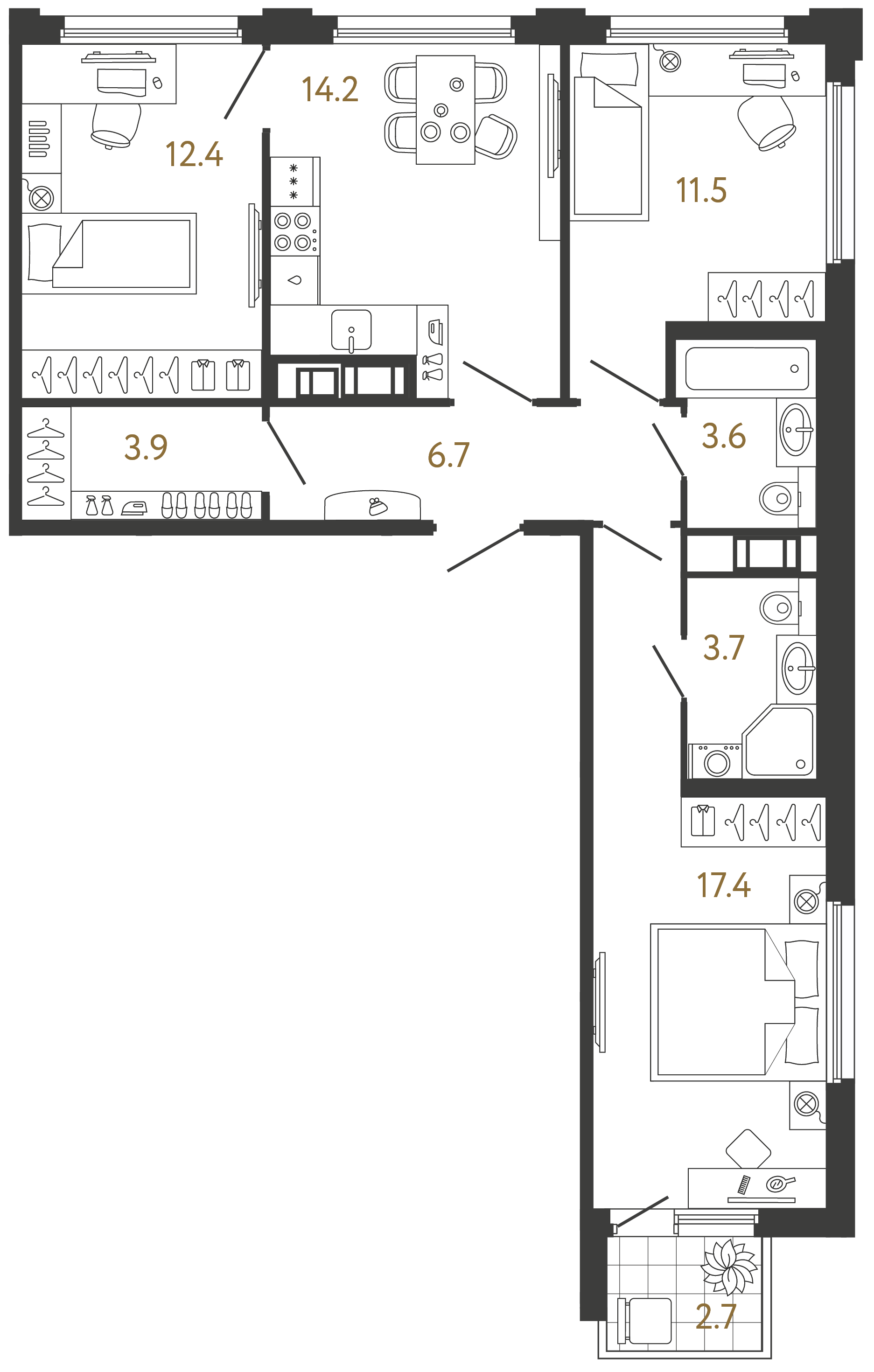 Трёхкомнатная квартира 73.4 м²