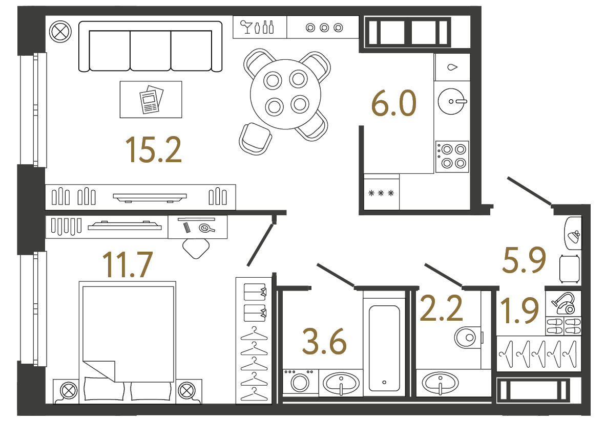 Однокомнатная квартира 46.5 м²