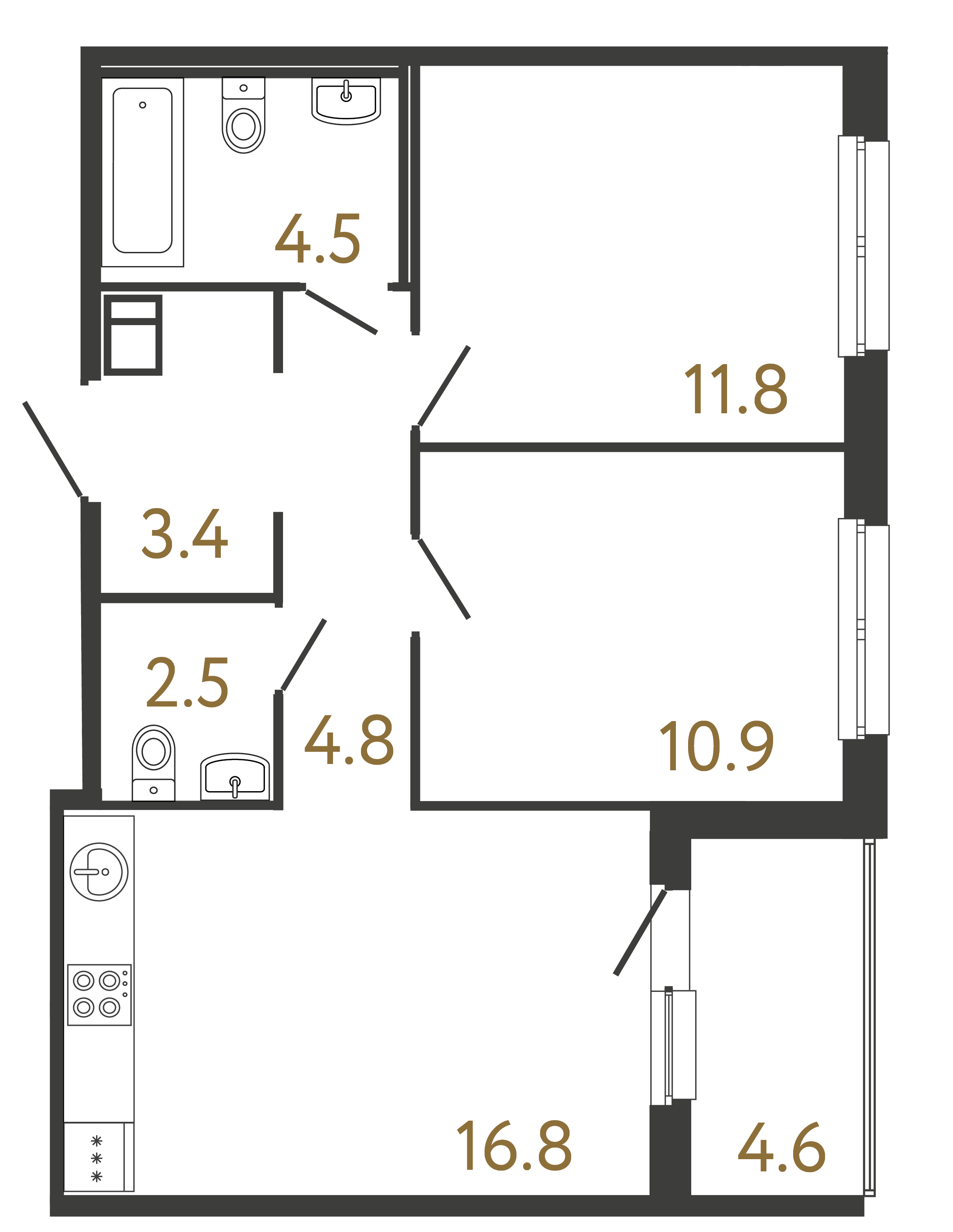 Двухкомнатная квартира 54.7 м²