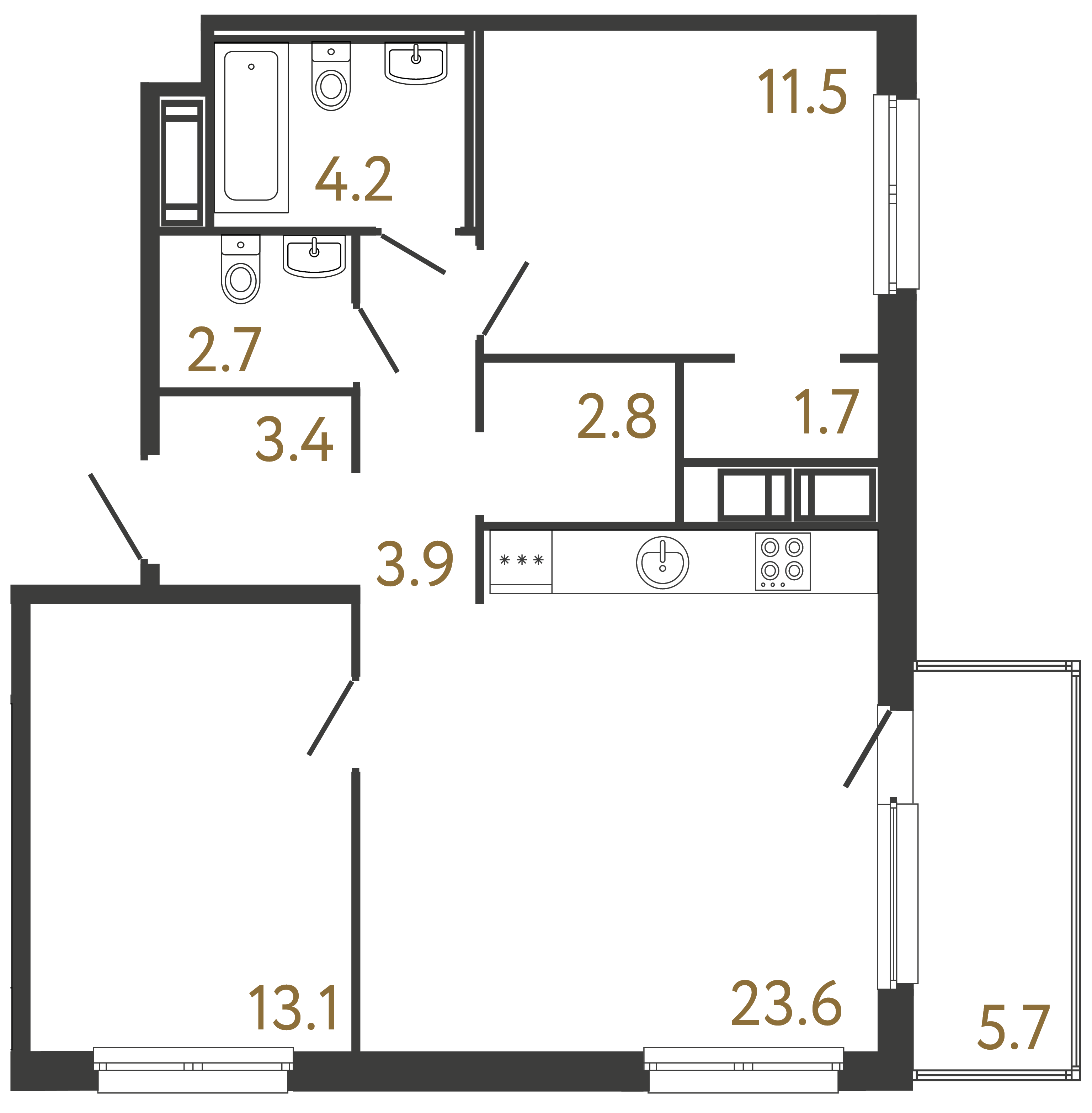 Двухкомнатная квартира 66.9 м²