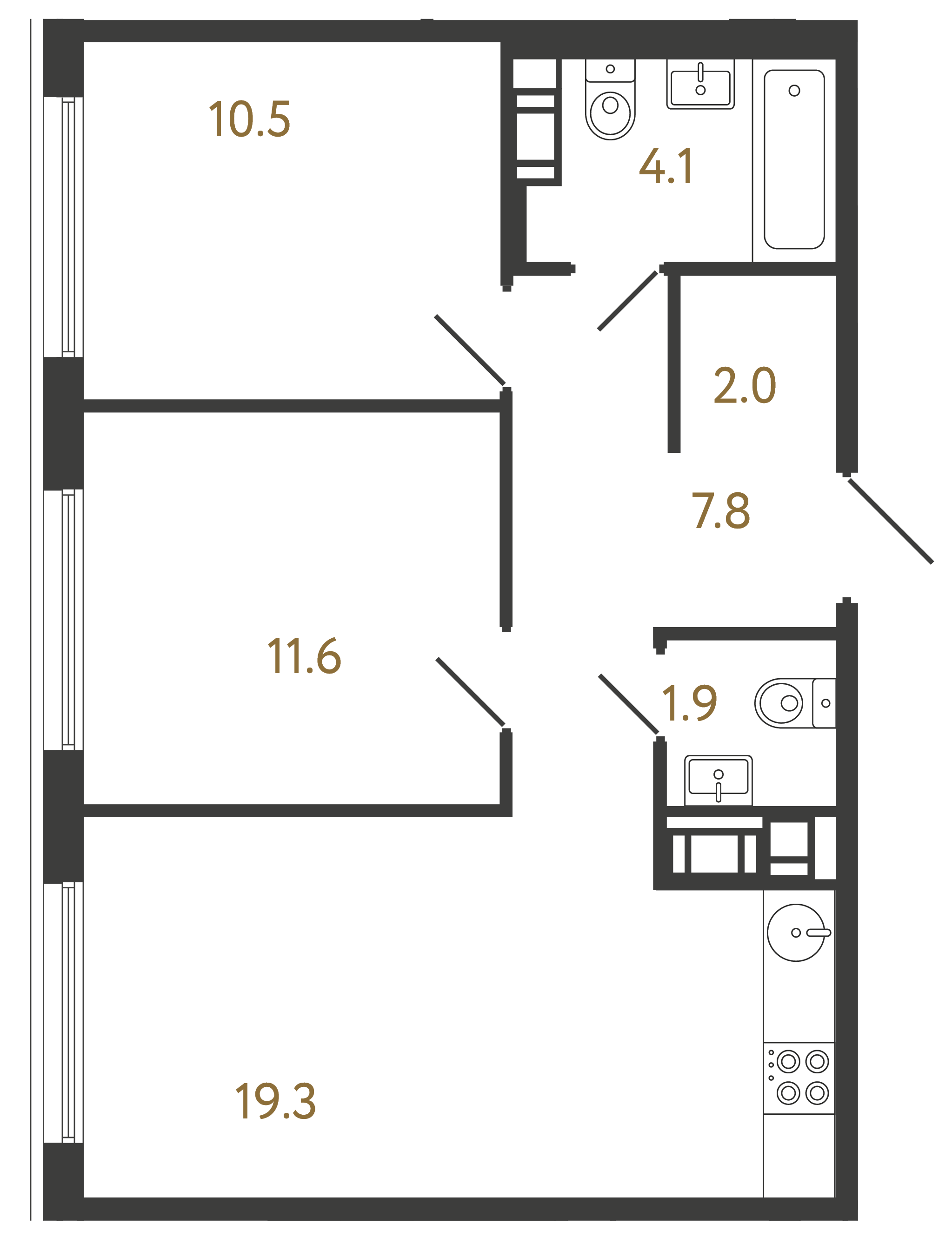 Двухкомнатная квартира 57.2 м²