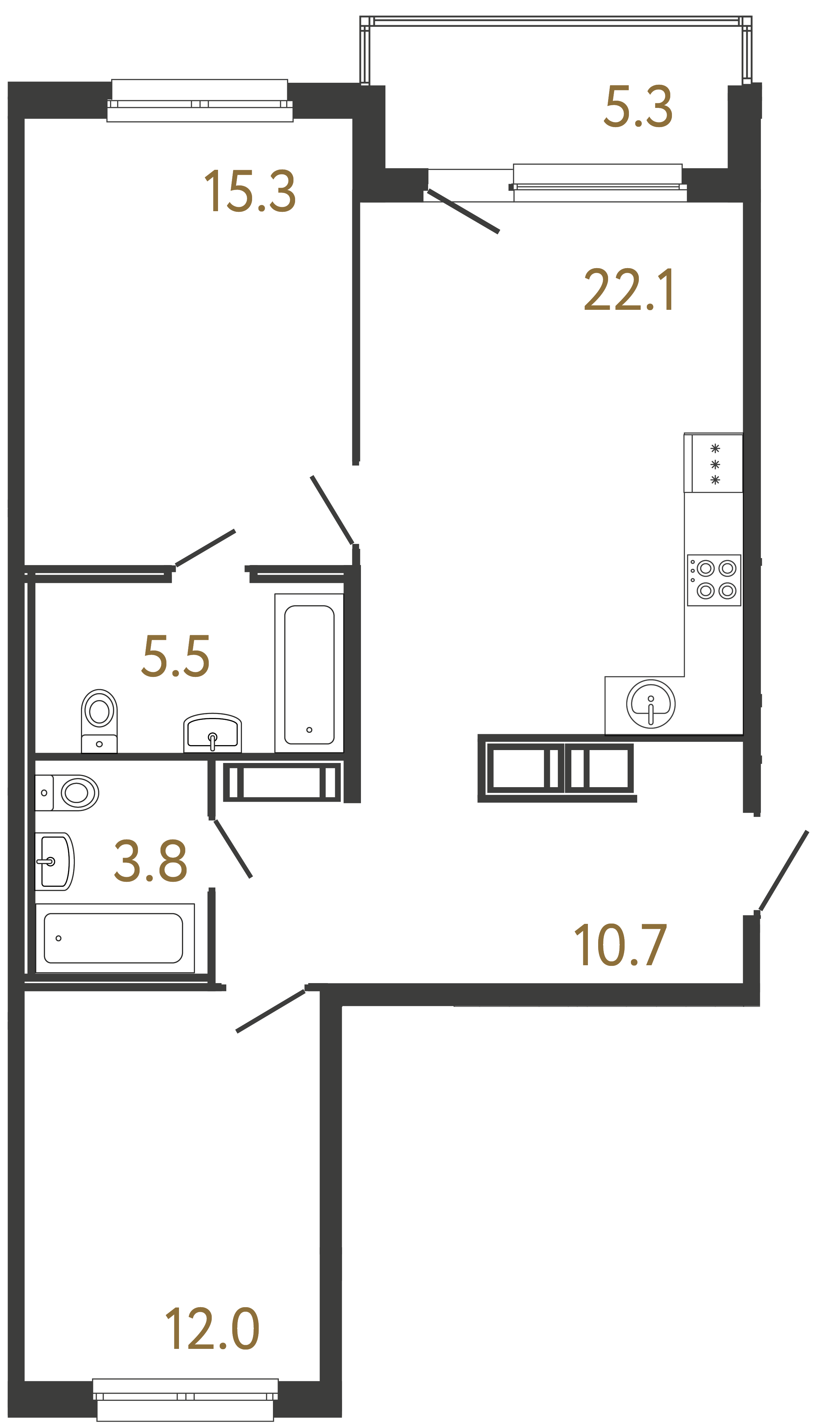 Двухкомнатная квартира 69.4 м²