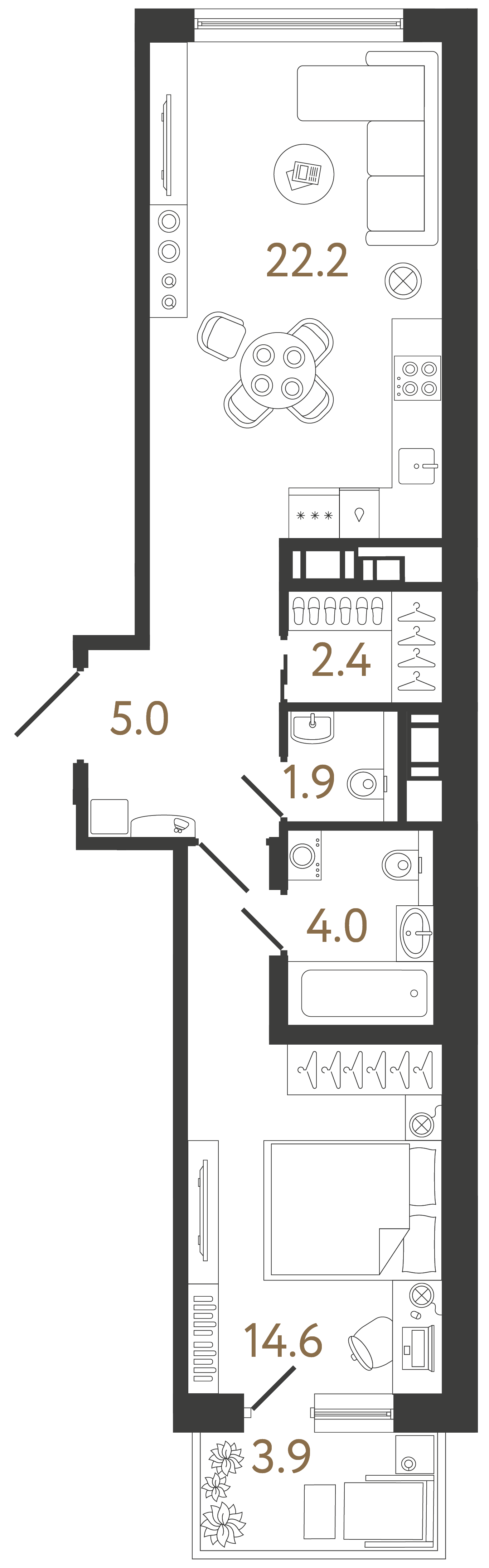 Однокомнатная квартира 50.1 м²