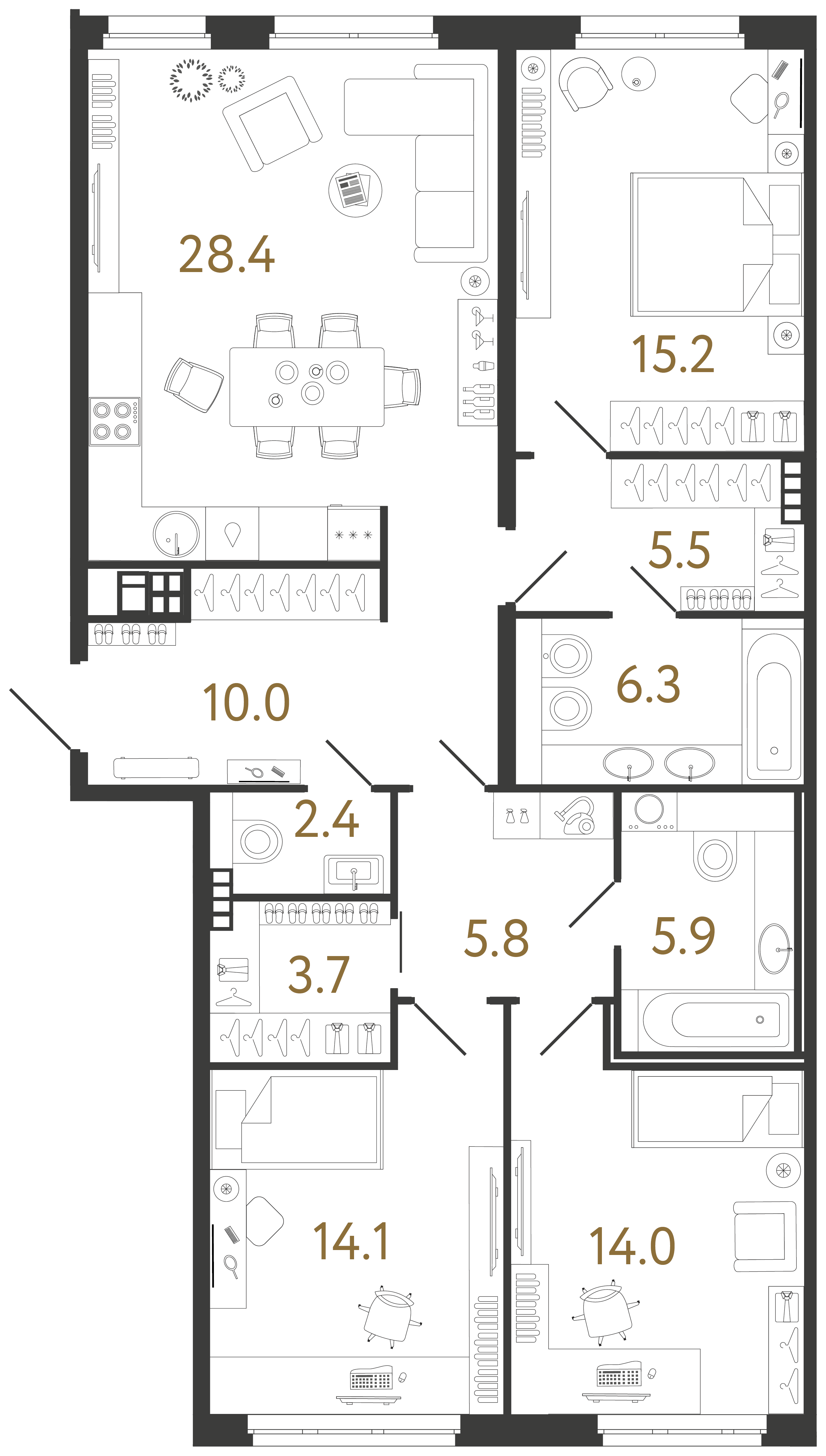 Трёхкомнатная квартира 111.3 м²