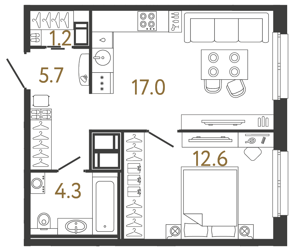 Однокомнатная квартира 40.8 м²