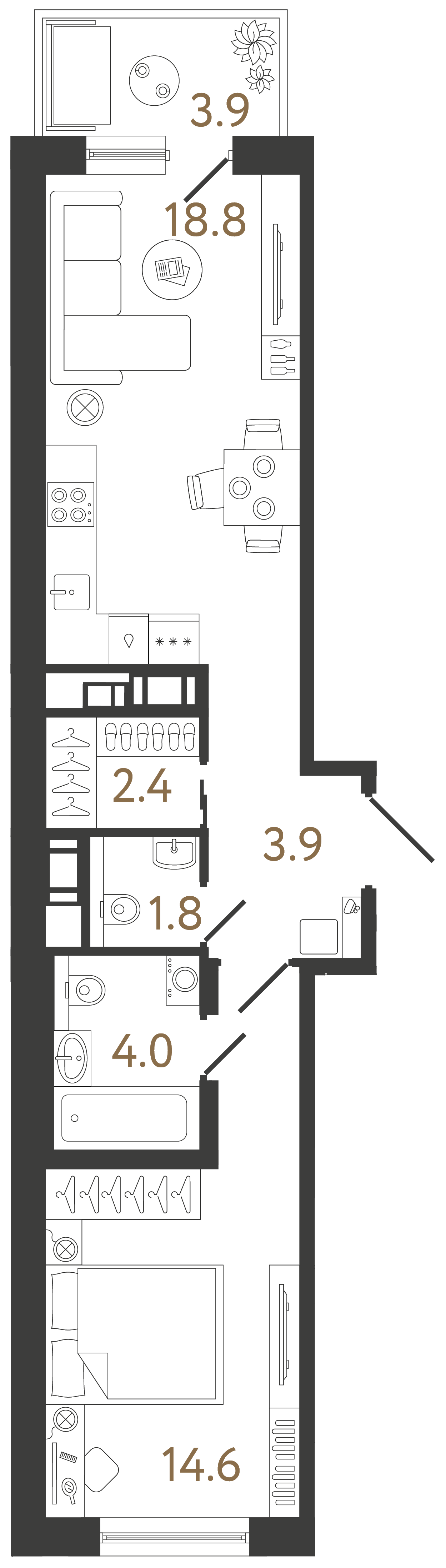 Однокомнатная квартира 45.5 м²