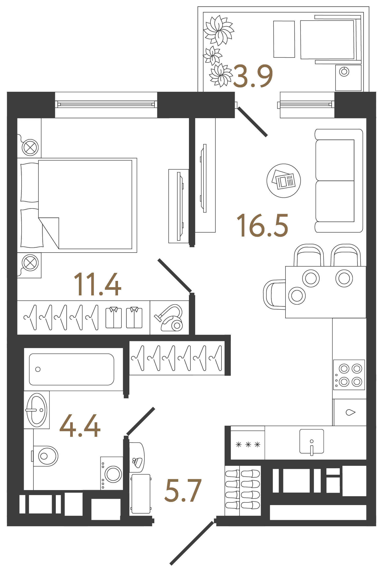 Однокомнатная квартира 38 м²