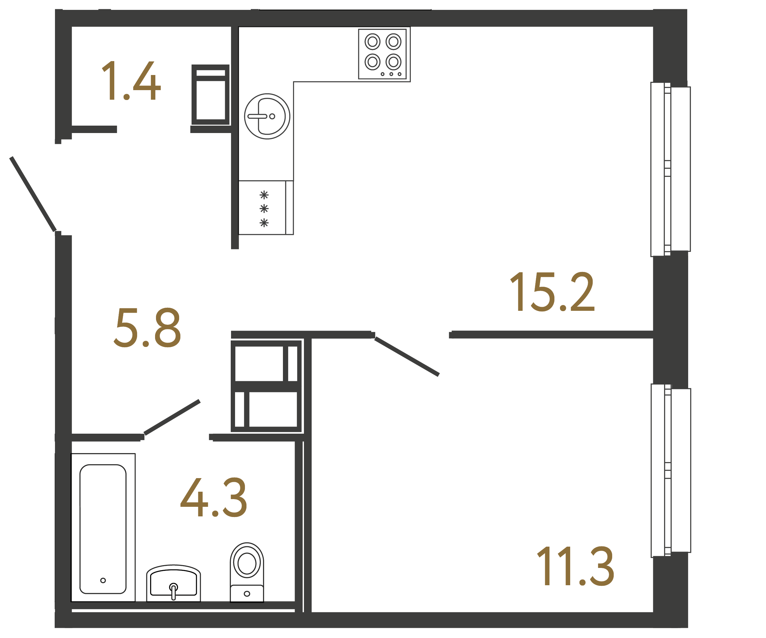 Однокомнатная квартира 38 м²