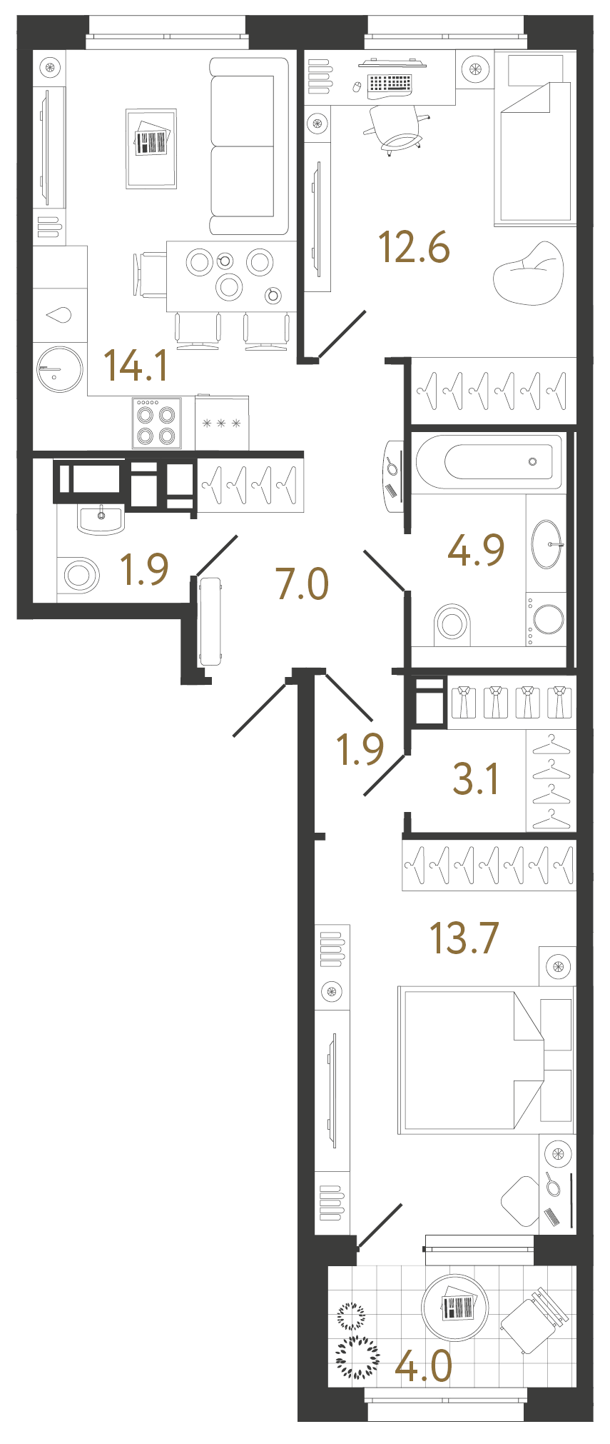 Двухкомнатная квартира 59.2 м²
