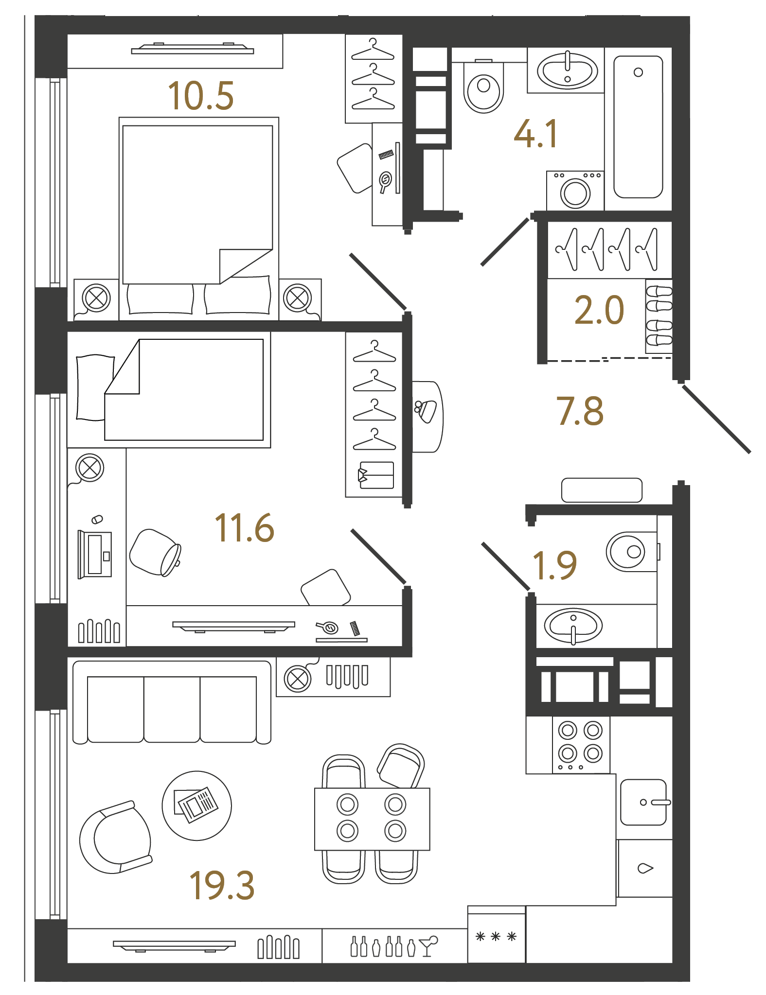 Двухкомнатная квартира 57.2 м²