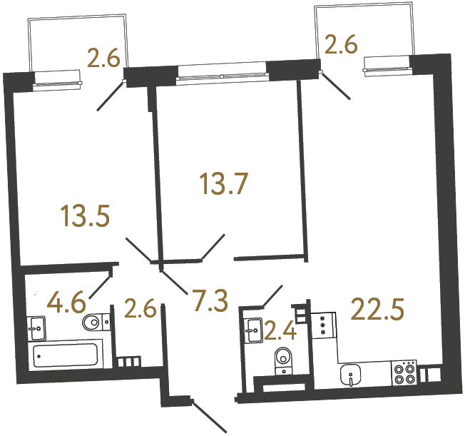 Двухкомнатная квартира №37 в ЖК Цвет Зеленогорска - 66.6 м²  - №2