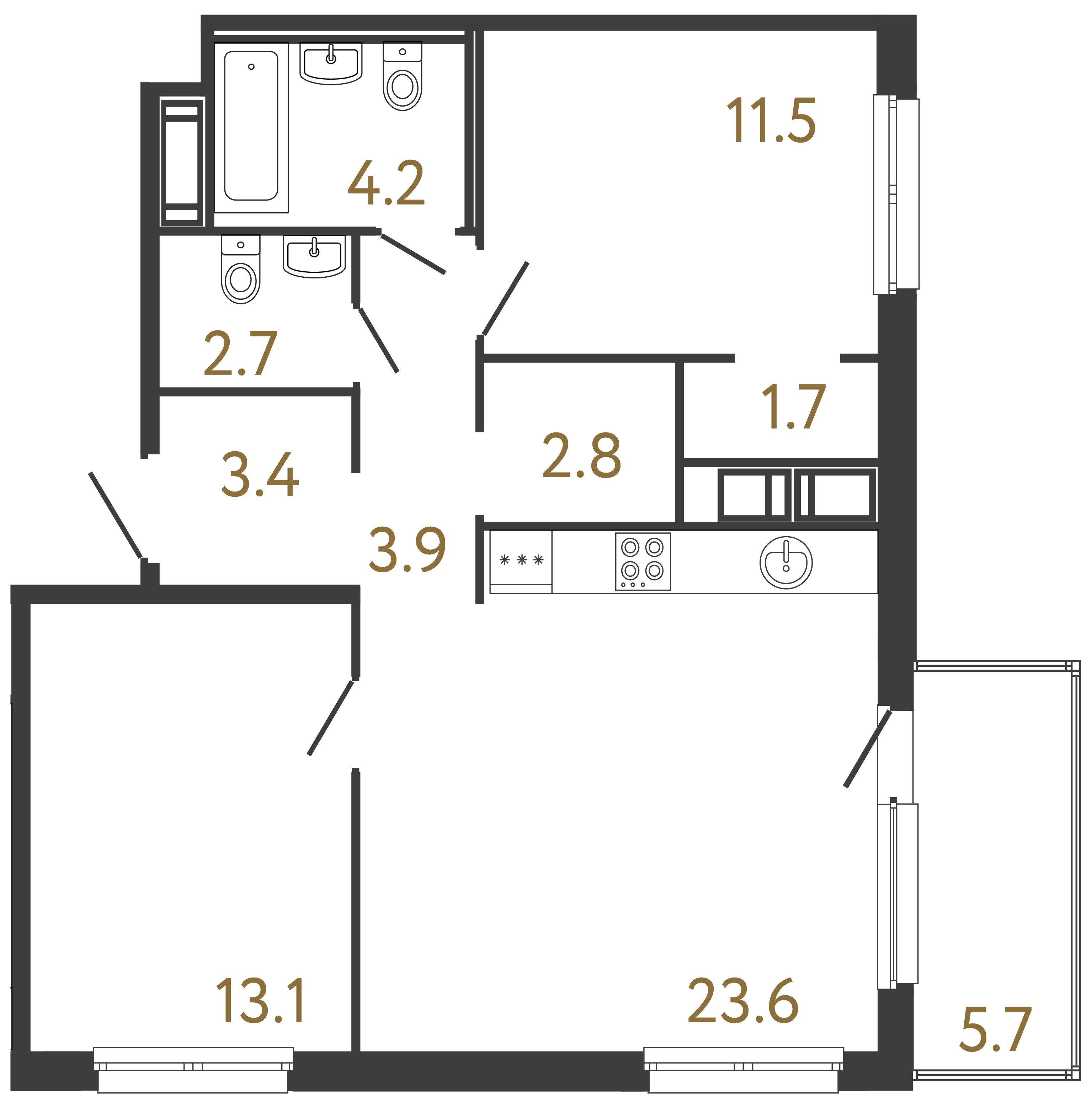 Двухкомнатная квартира 66.9 м²