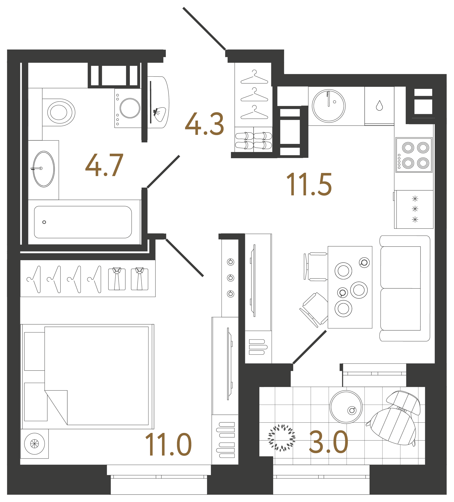 Однокомнатная квартира 31.5 м²