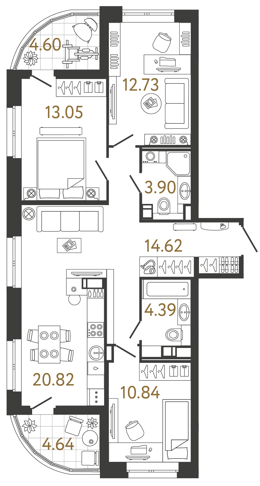 Трёхкомнатная квартира 80.35 м²
