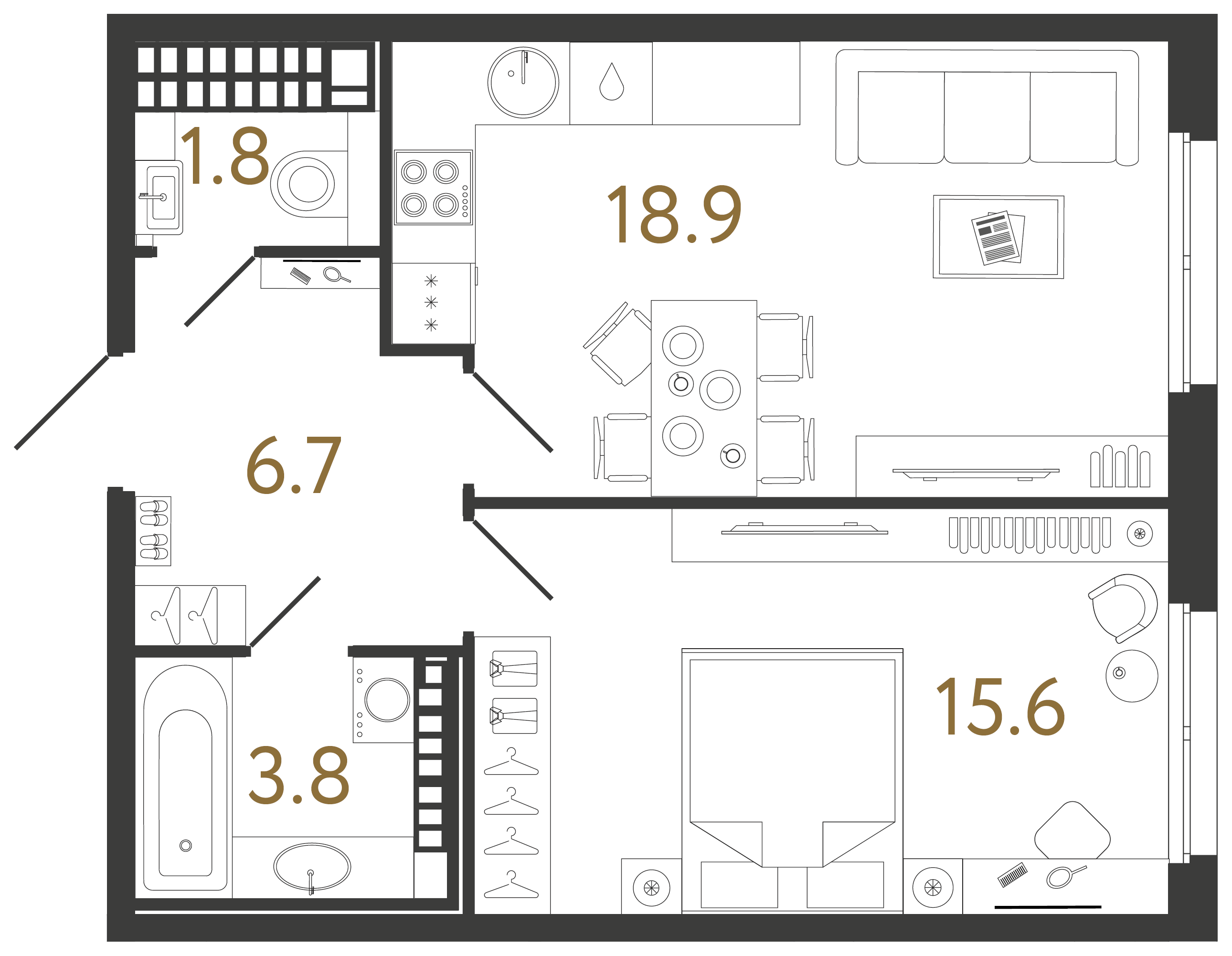 Однокомнатная квартира 46.8 м²