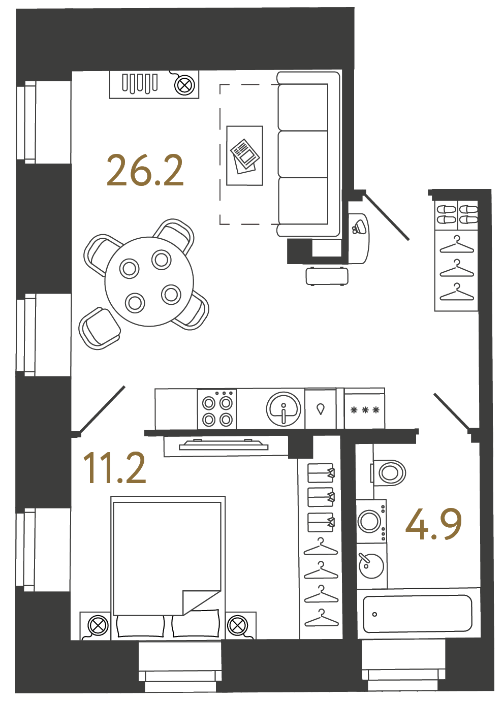 Однокомнатный номер 42.3 м²