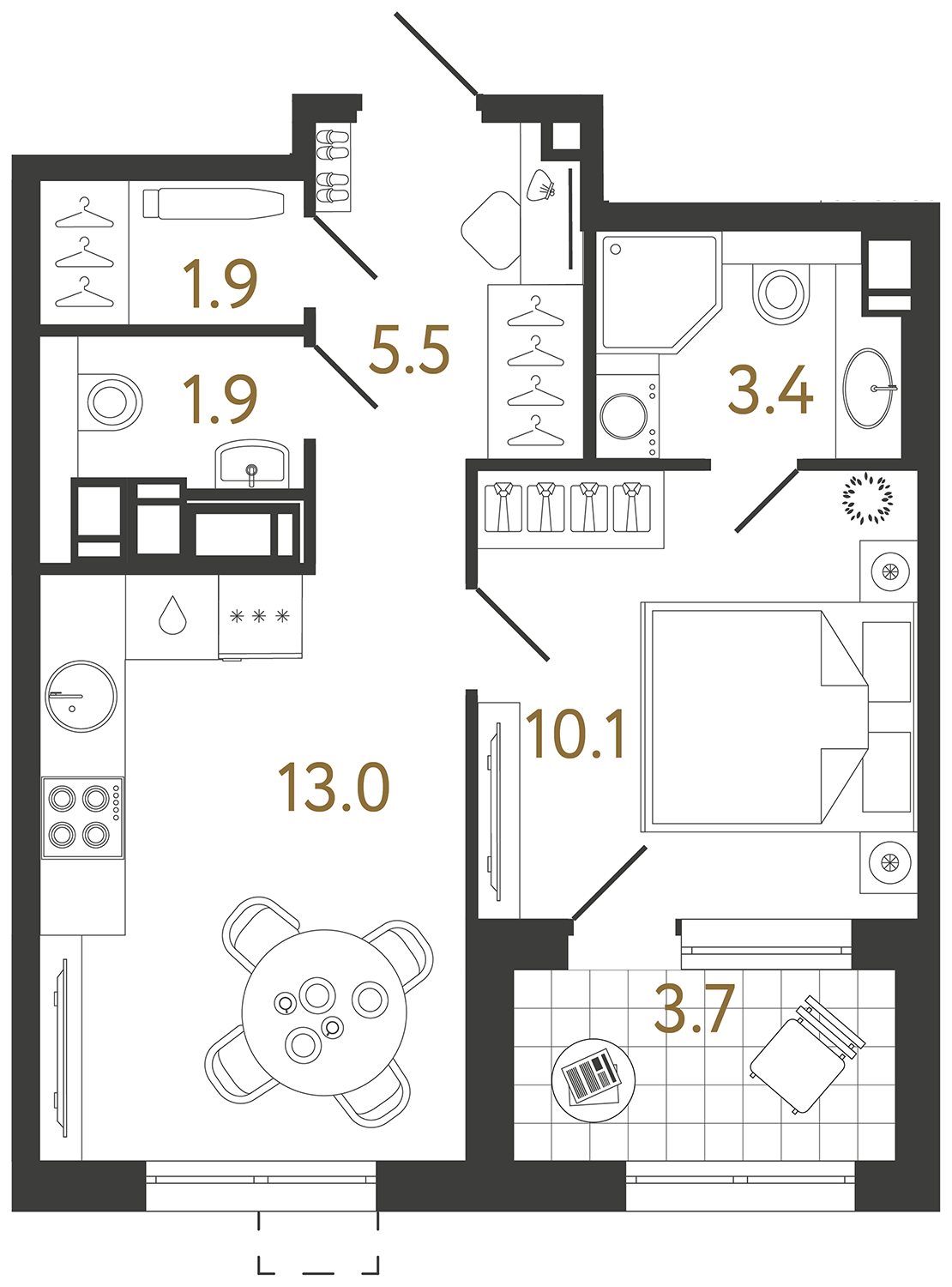 Однокомнатная квартира 35.8 м²