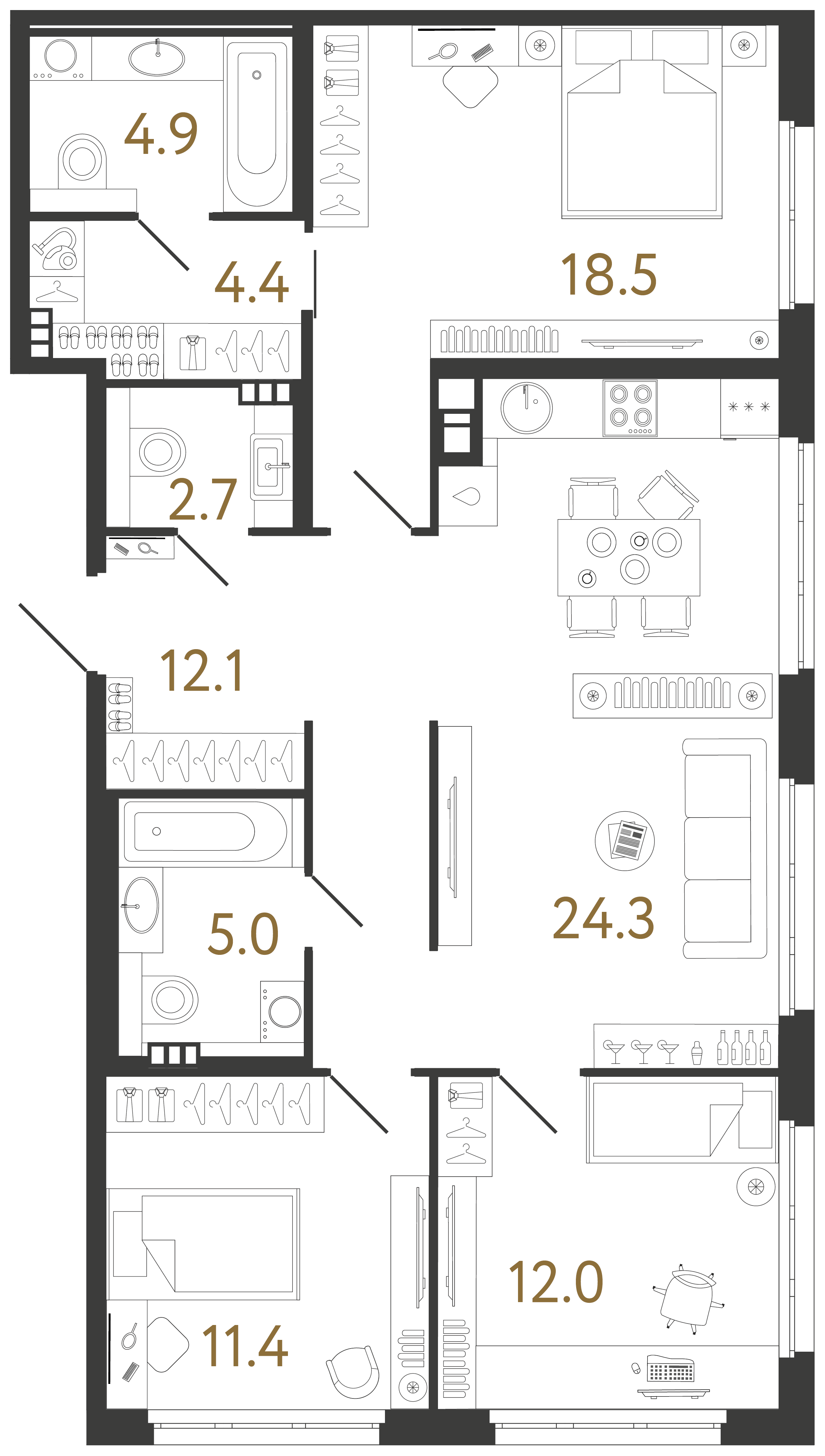 Трёхкомнатная квартира 95.3 м²