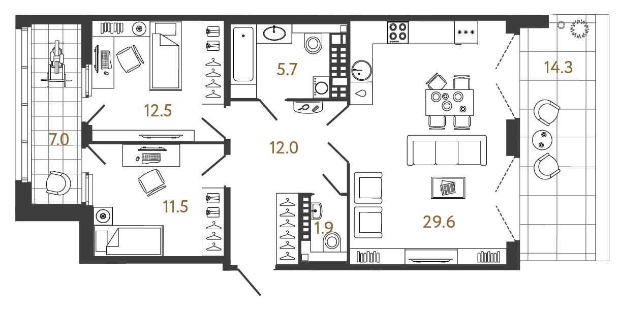 Двухкомнатная квартира 73.2 м²