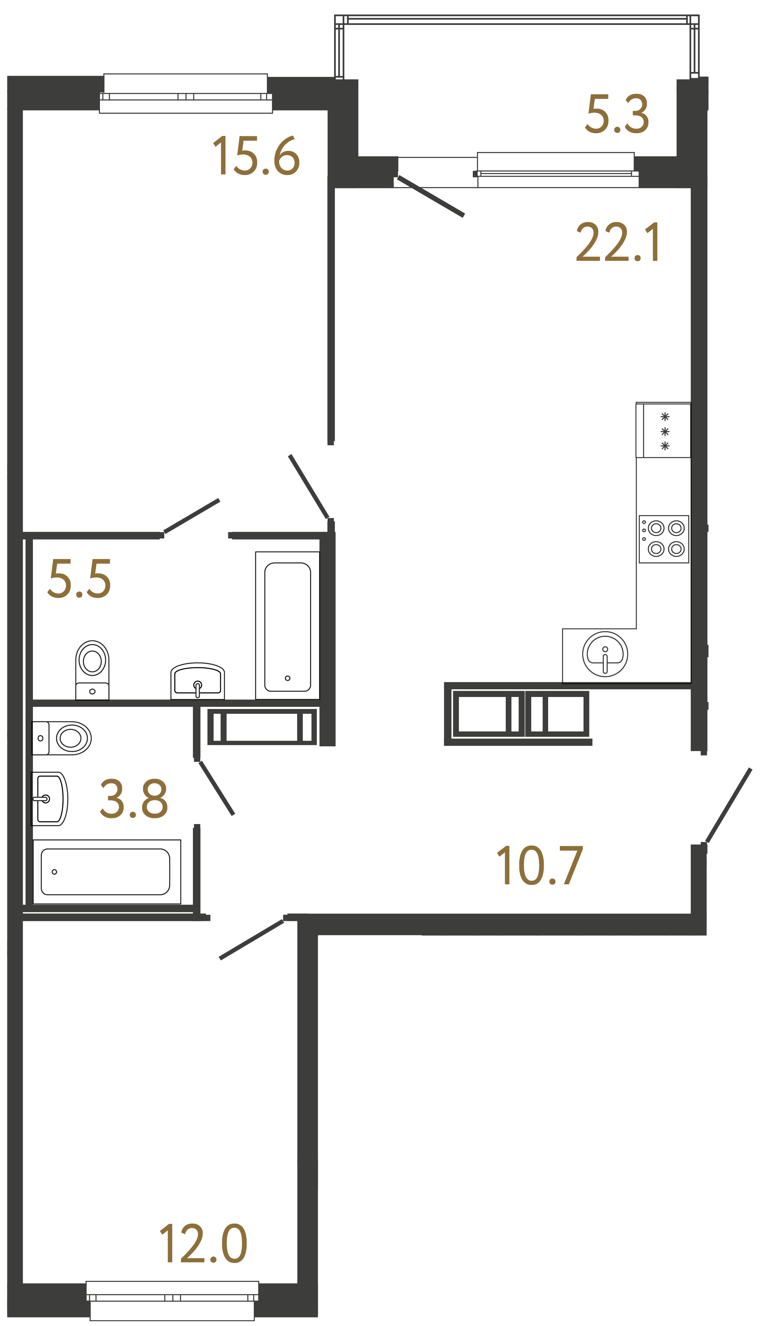 Двухкомнатная квартира 69.7 м²