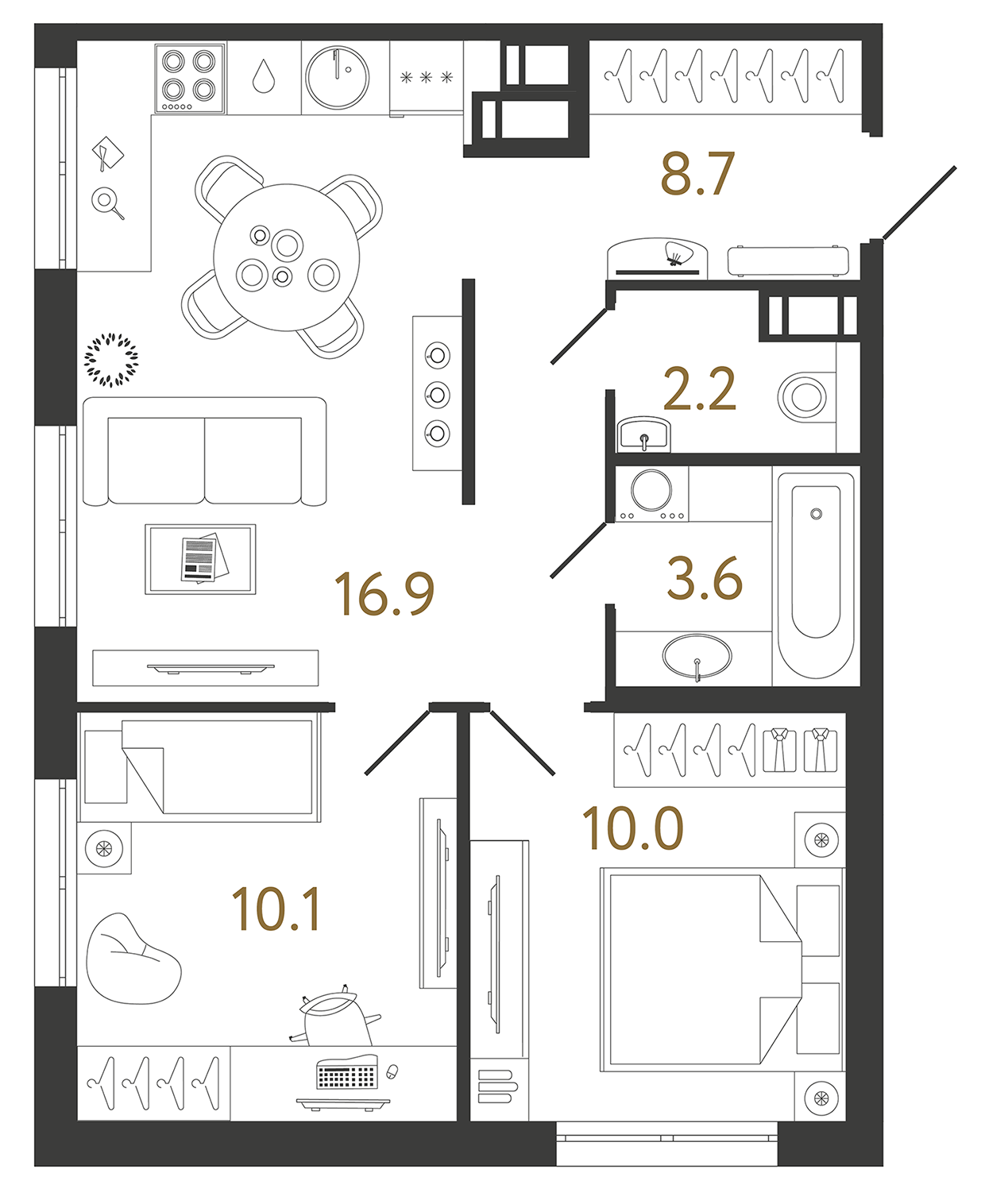 Двухкомнатная квартира 51.5 м²