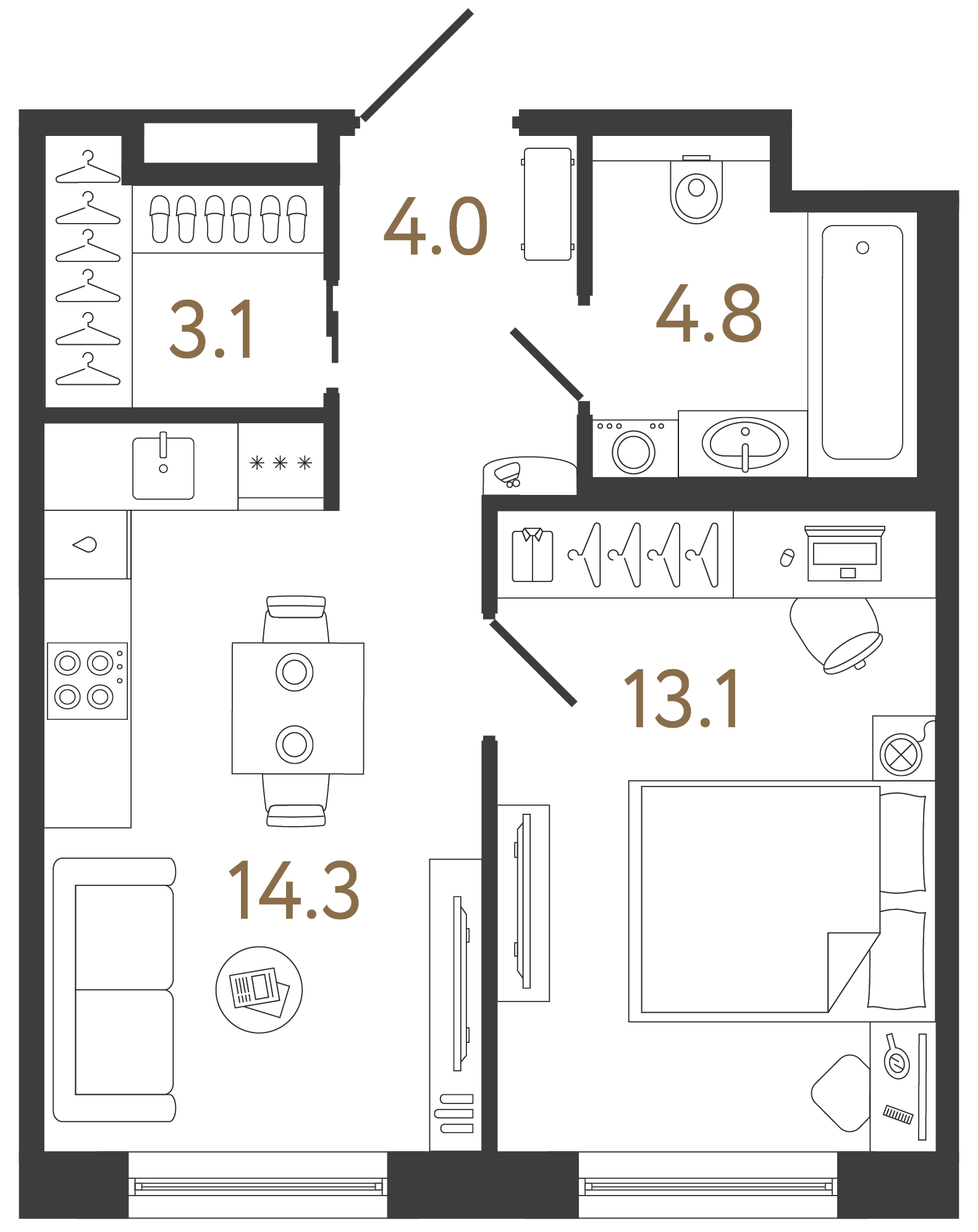 Однокомнатная квартира 39.3 м²